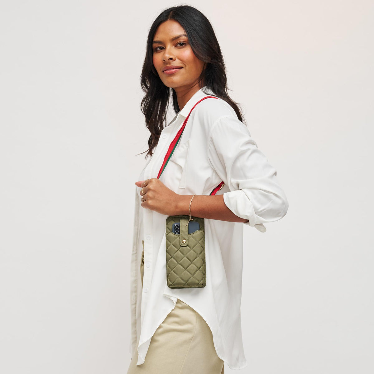 Woman wearing Sage Sol and Selene Duality - Quilted Cell Phone Crossbody 841764107792 View 3 | Sage