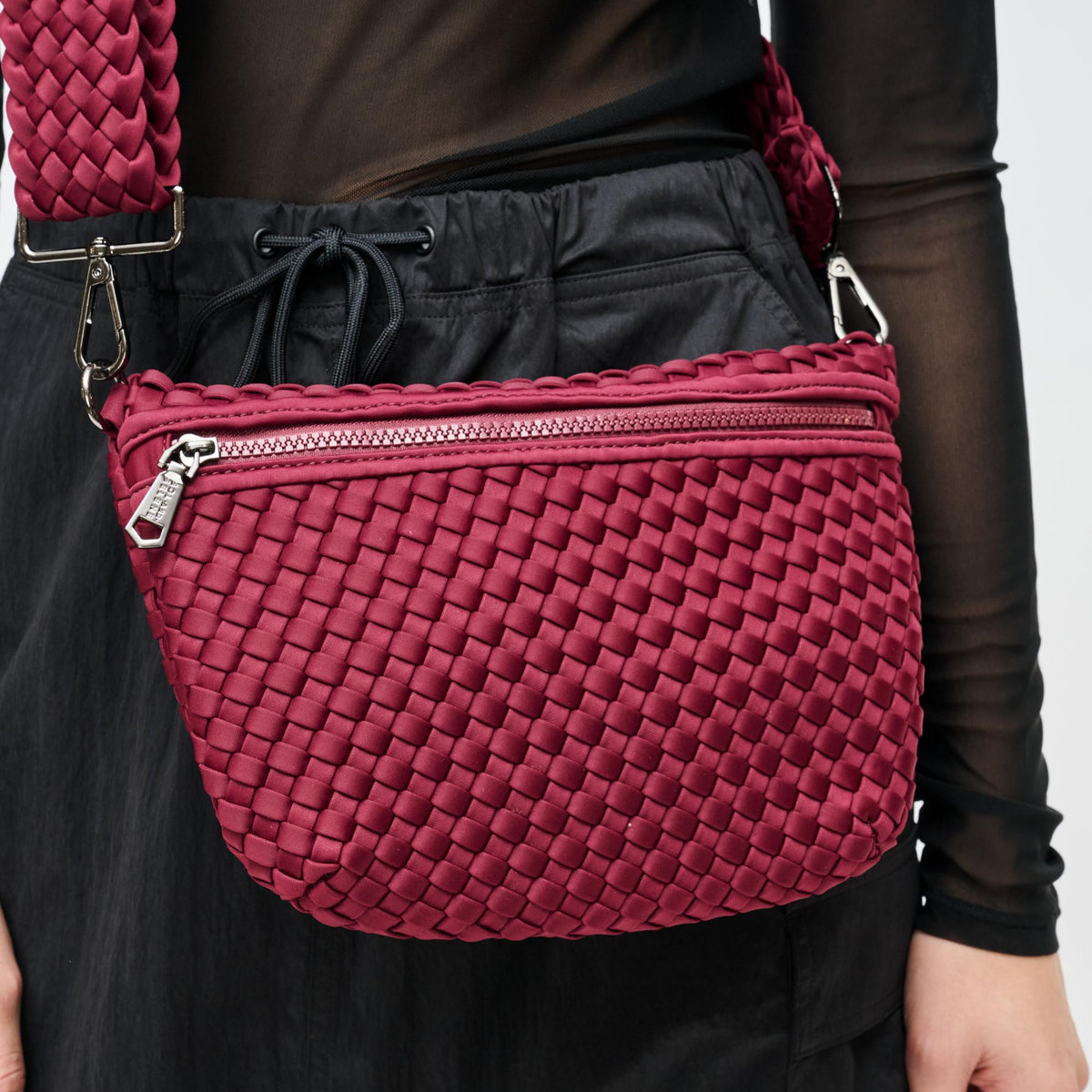 Woman wearing Wine Sol and Selene Ethereal - Woven Neoprene Crossbody 841764110907 View 4 | Wine