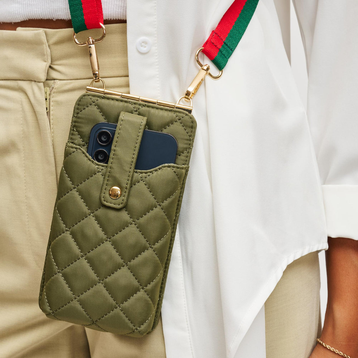 Woman wearing Sage Sol and Selene Duality - Quilted Cell Phone Crossbody 841764107792 View 1 | Sage