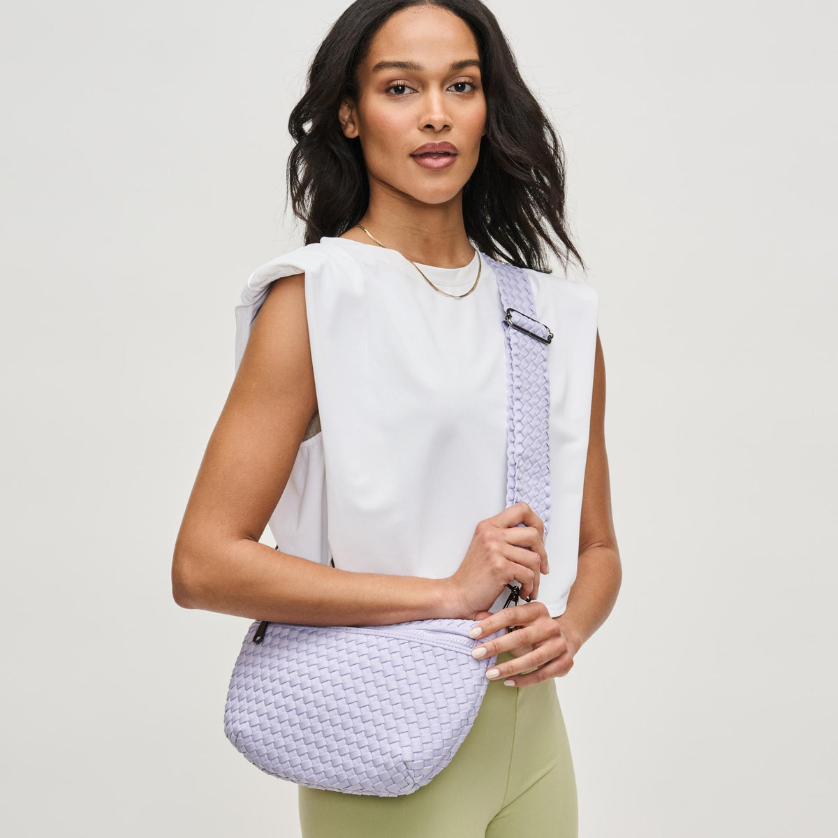 Woman wearing Lilac Sol and Selene Ethereal - Woven Neoprene Crossbody 841764111478 View 1 | Lilac