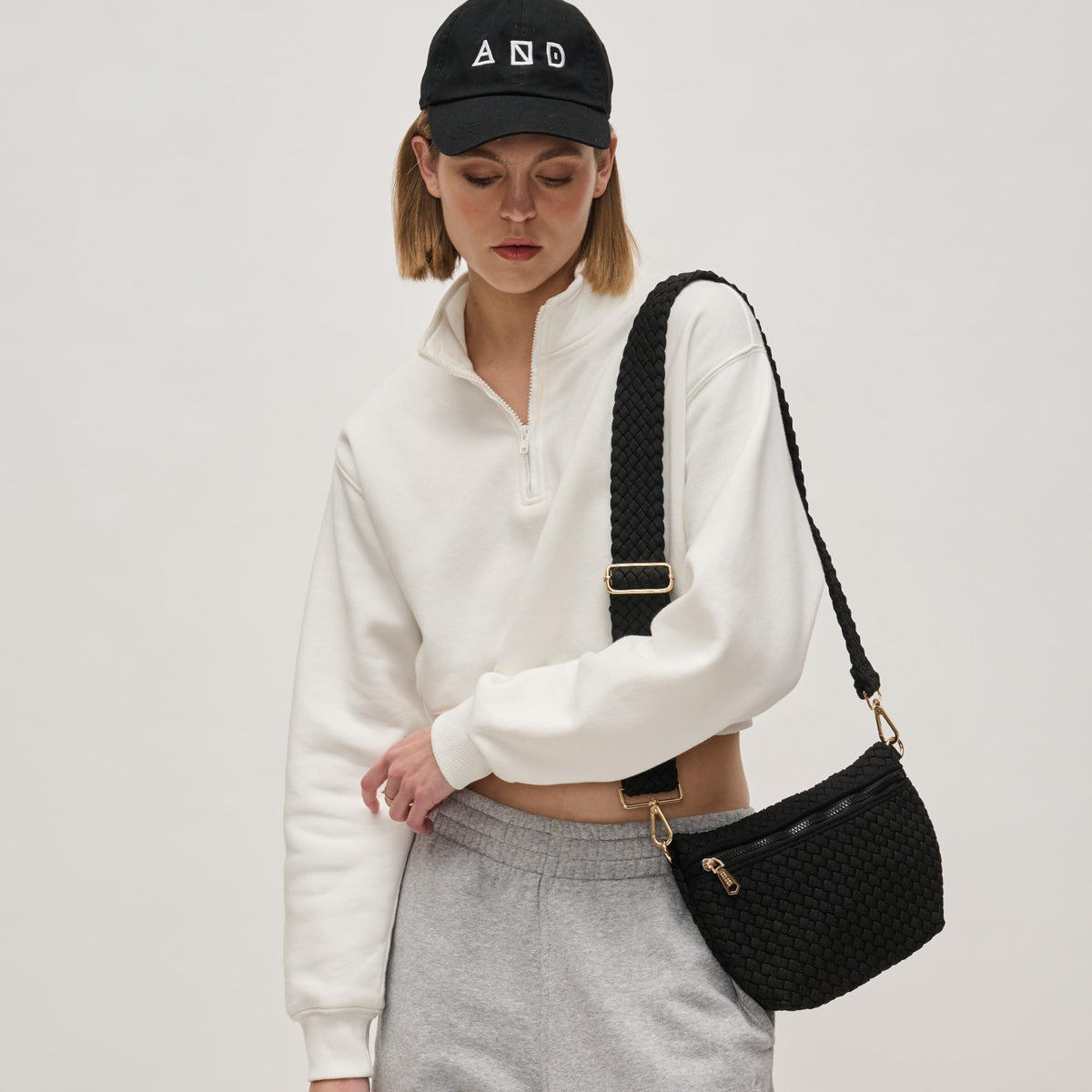 Woman wearing Black Sol and Selene Ethereal - Woven Laced Up Eco-Edition Crossbody 841764111539 View 3 | Black