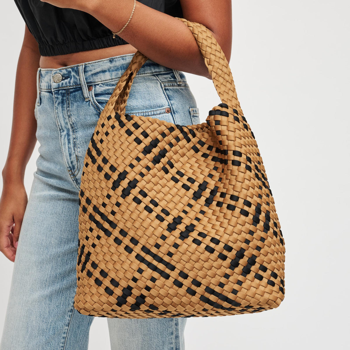 Woman wearing Sand Black Sol and Selene Celestial Woven Neoprene Hobo 841764112321 View 1 | Sand Black