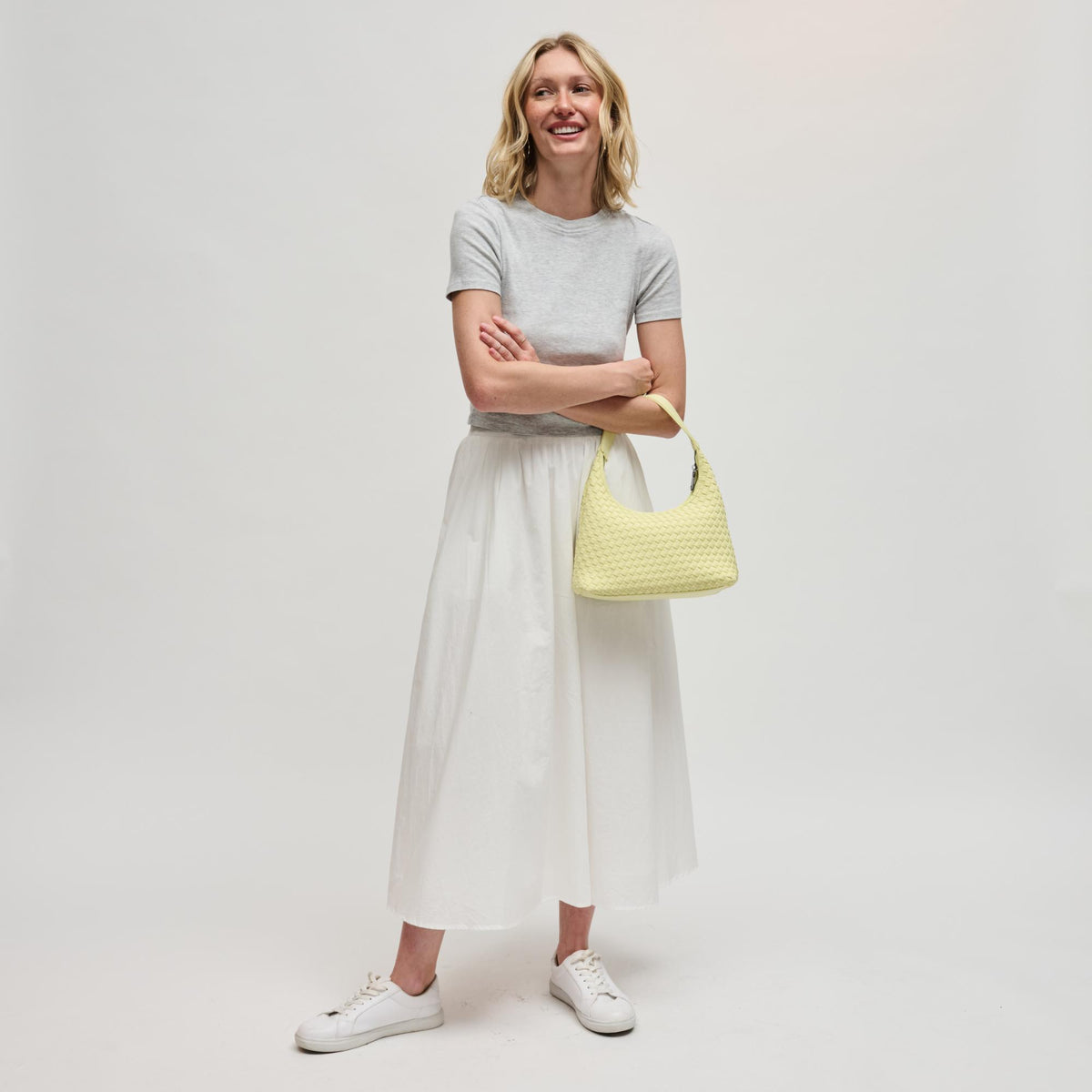 Woman wearing Butter Sol and Selene Harmonia - Woven Neoprene Shoulder Bag 841764112529 View 4 | Butter