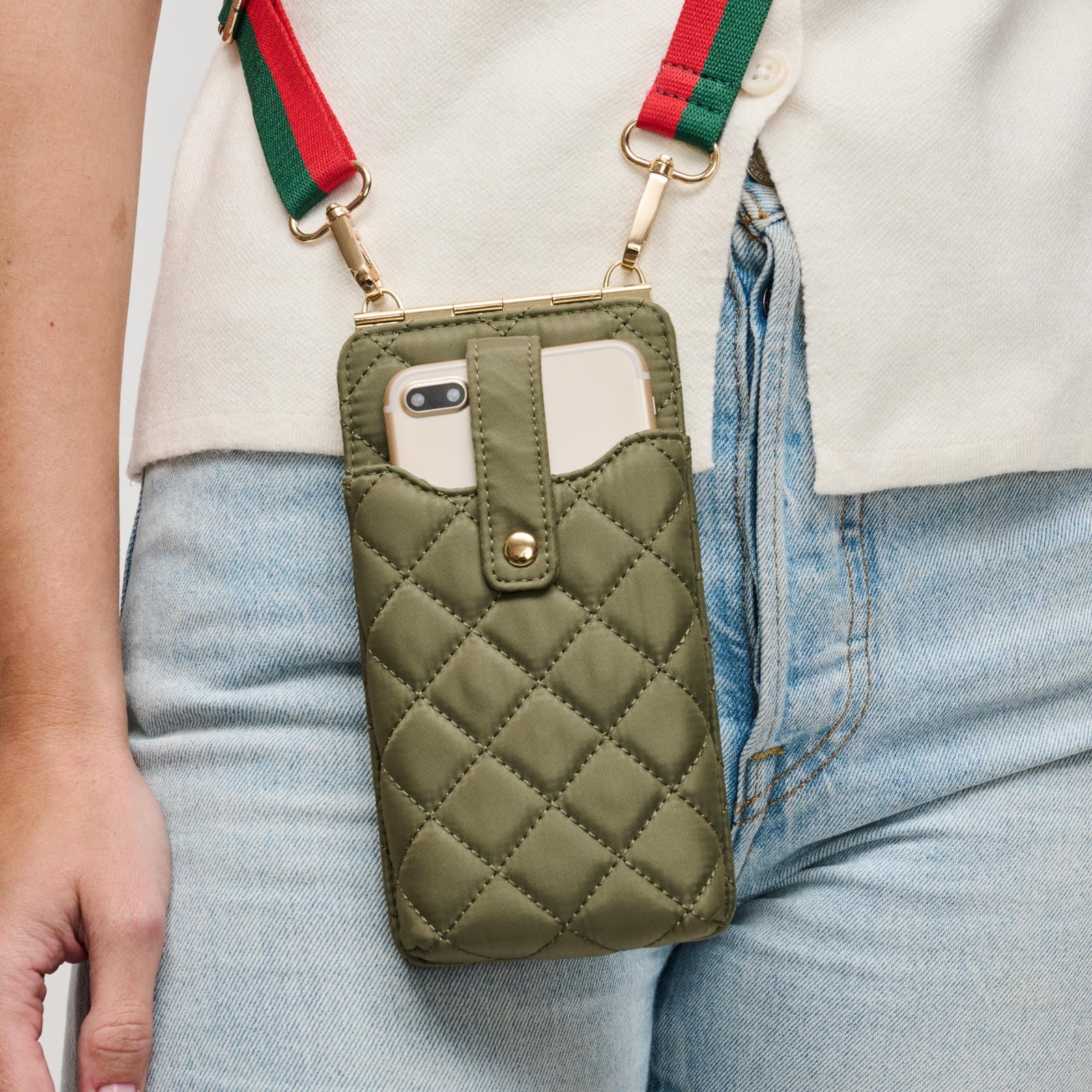 Woman wearing Black Sol and Selene Duality - Quilted Cell Phone Crossbody 840611182265 View 1 | Black