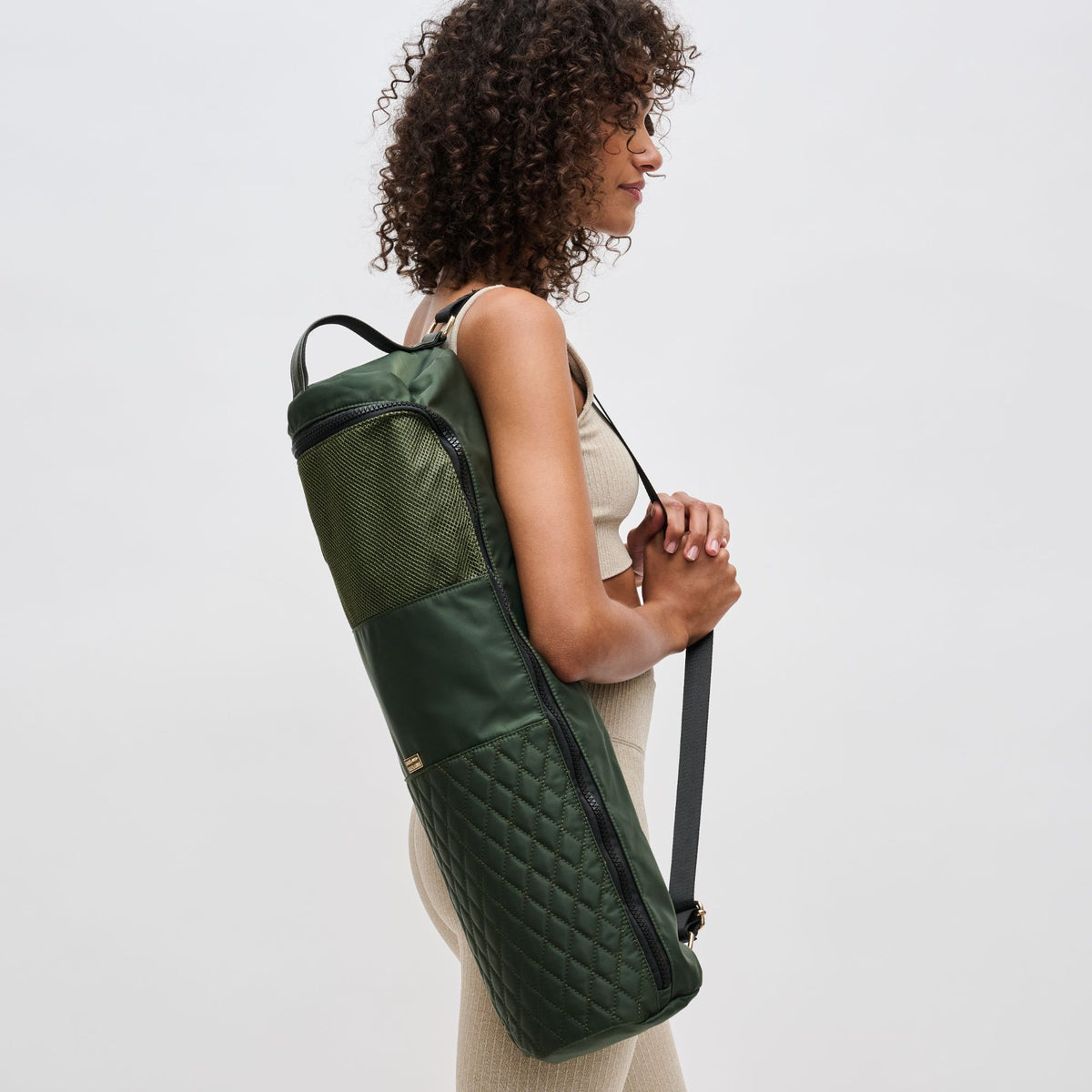 Woman wearing Olive Sol and Selene Karma - Quilted Yoga Mat Bag 841764100335 View 1 | Olive