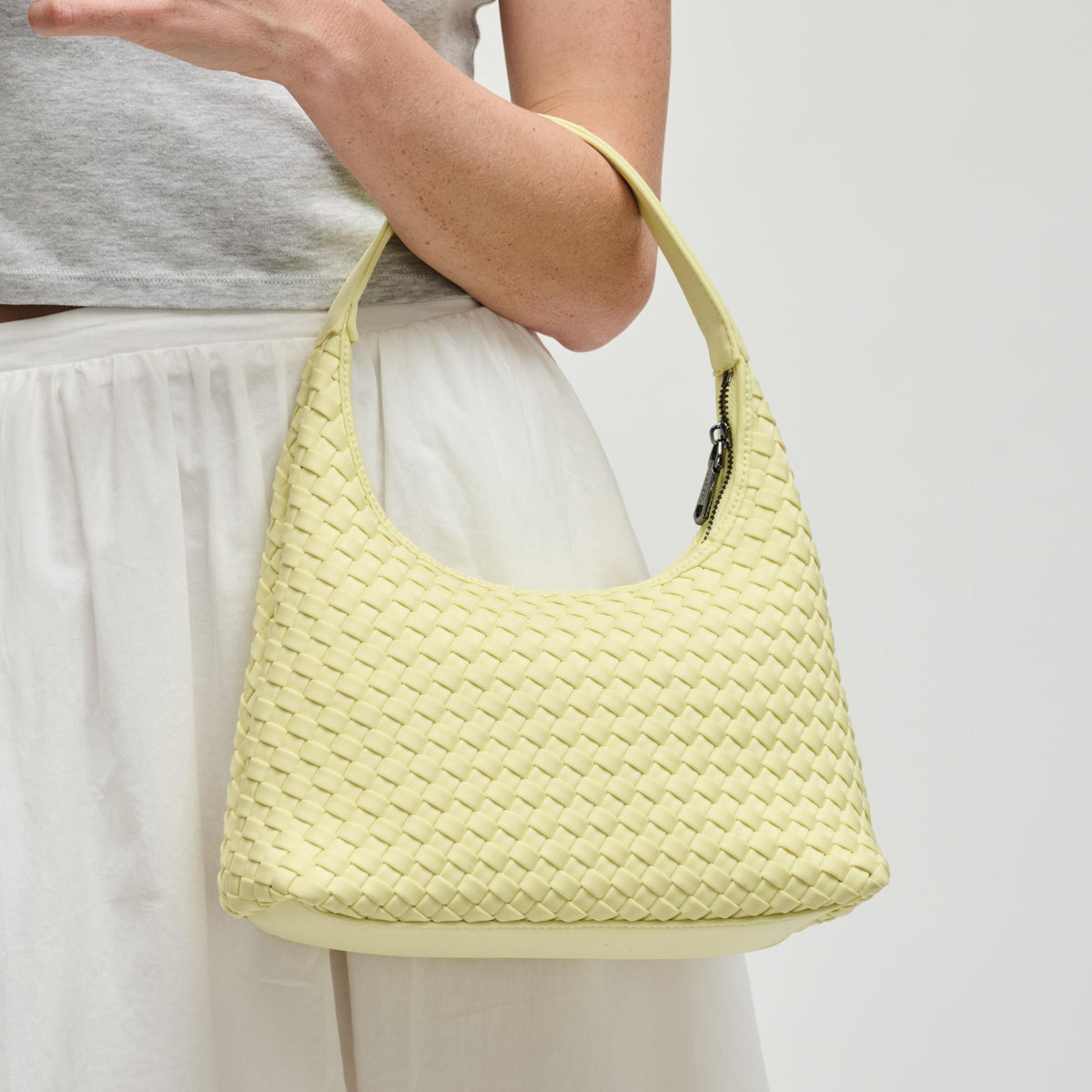 Woman wearing Butter Sol and Selene Harmonia - Woven Neoprene Shoulder Bag 841764112529 View 2 | Butter