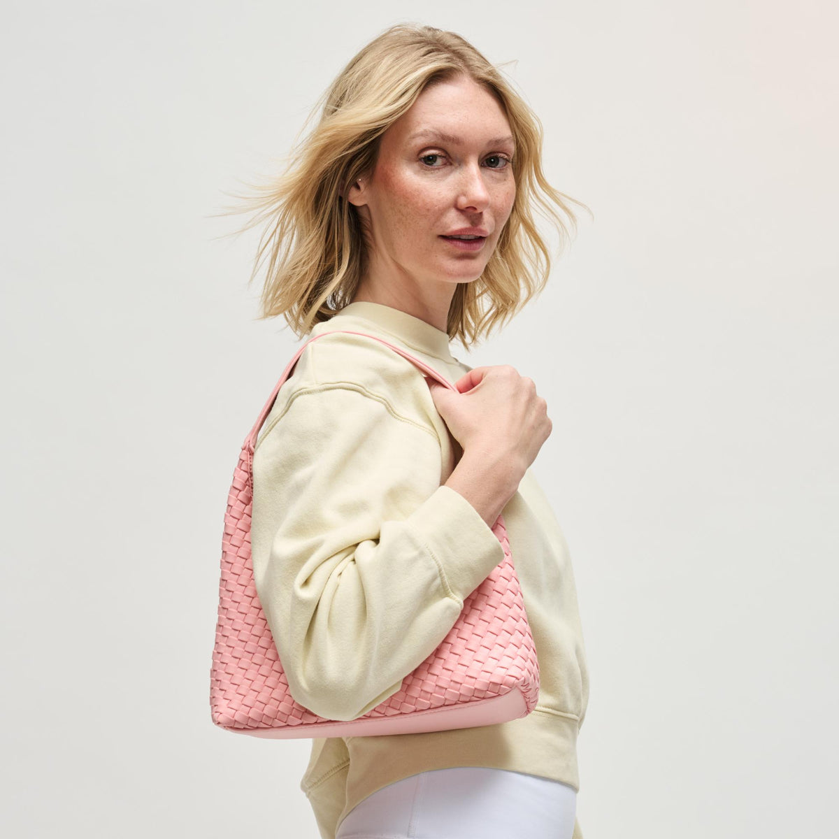 Woman wearing Blush Sol and Selene Harmonia - Woven Neoprene Shoulder Bag 841764112512 View 2 | Blush