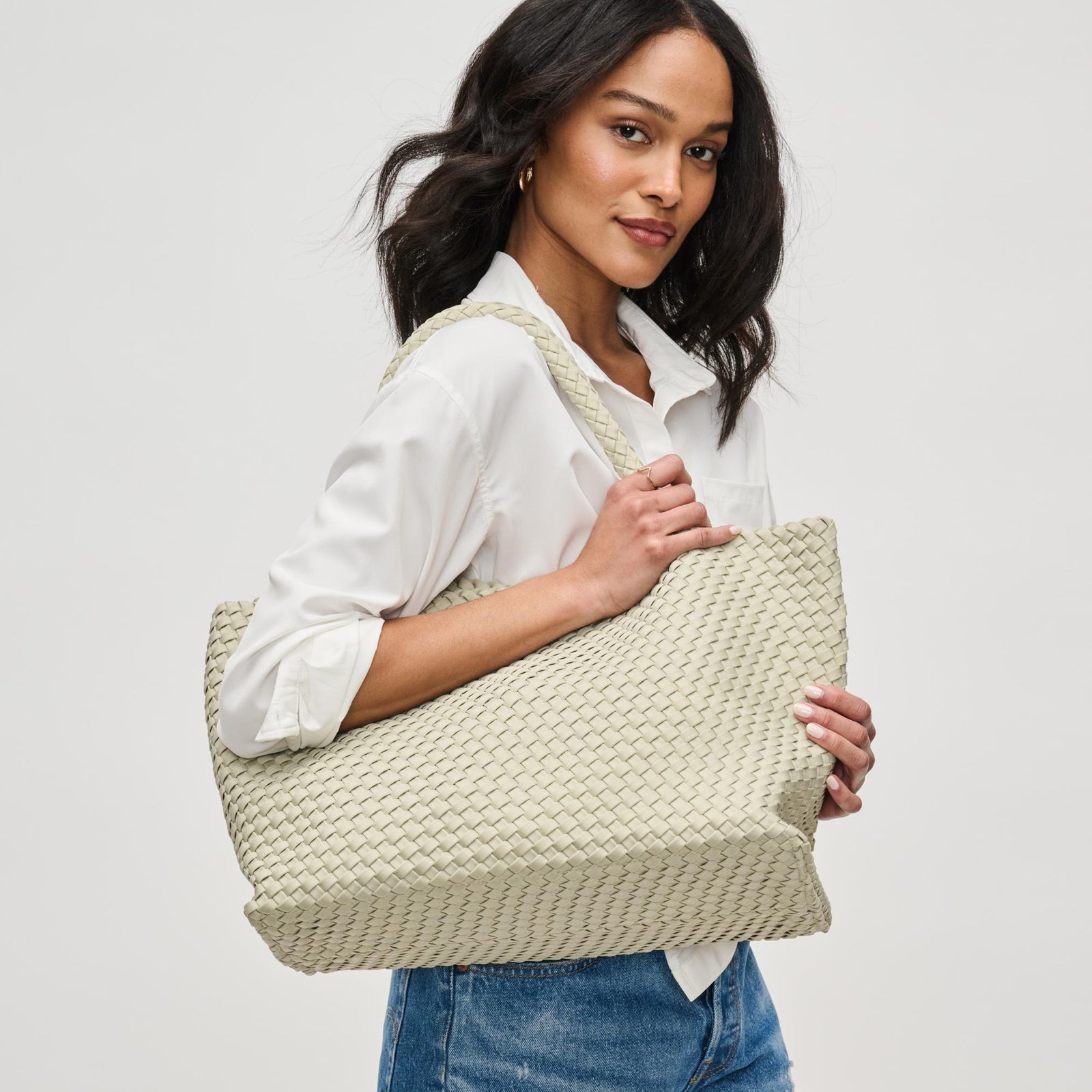 Woman wearing Nude Sol and Selene Sky's The Limit - Large Tote 841764107839 View 1 | Nude