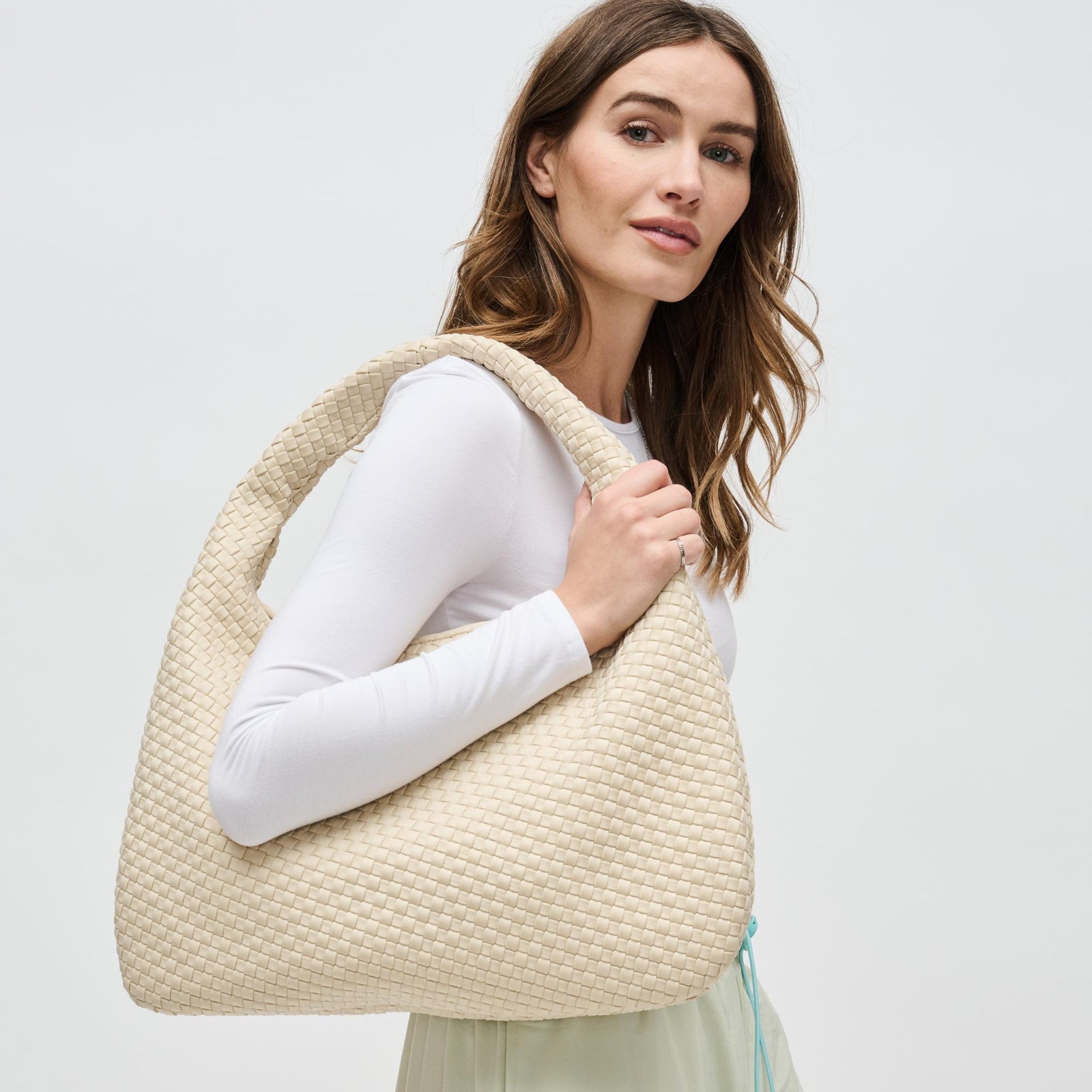 Woman wearing Black Sol and Selene Dare to Dream - Large Woven Neoprene Hobo 841764110914 View 1 | Black