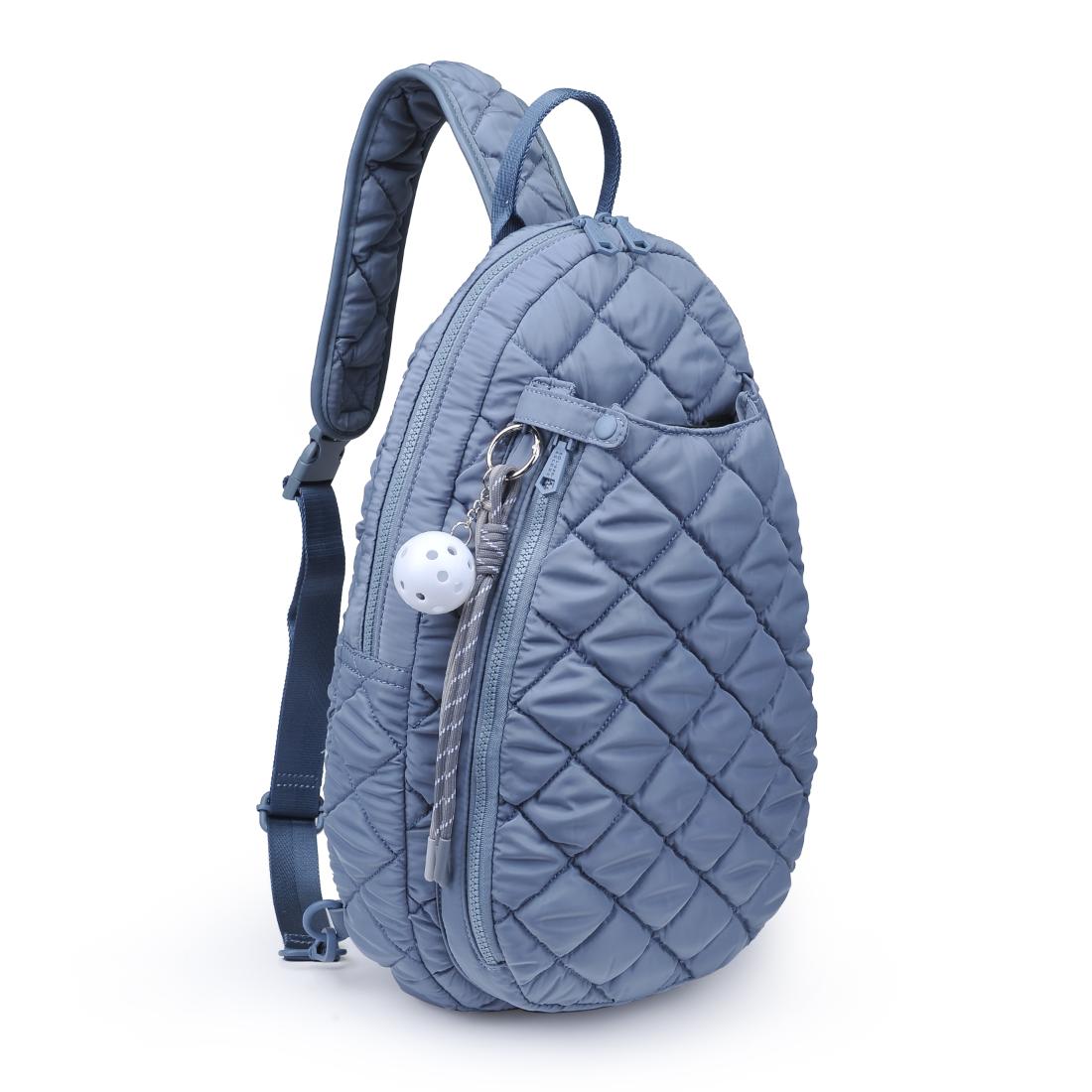 Woman wearing Slate Sky Sol and Selene Match Point - Quilted Puffer Pickleball & Paddle Tennis Sling Backpack 841764112017 View 6 | Slate Sky