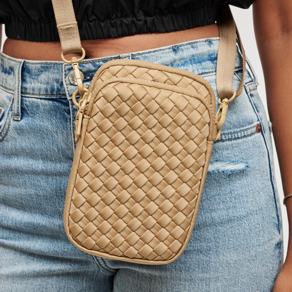 Woman wearing Nude Sol and Selene Divide & Conquer - Woven Neoprene Crossbody 841764108713 View 4 | Nude