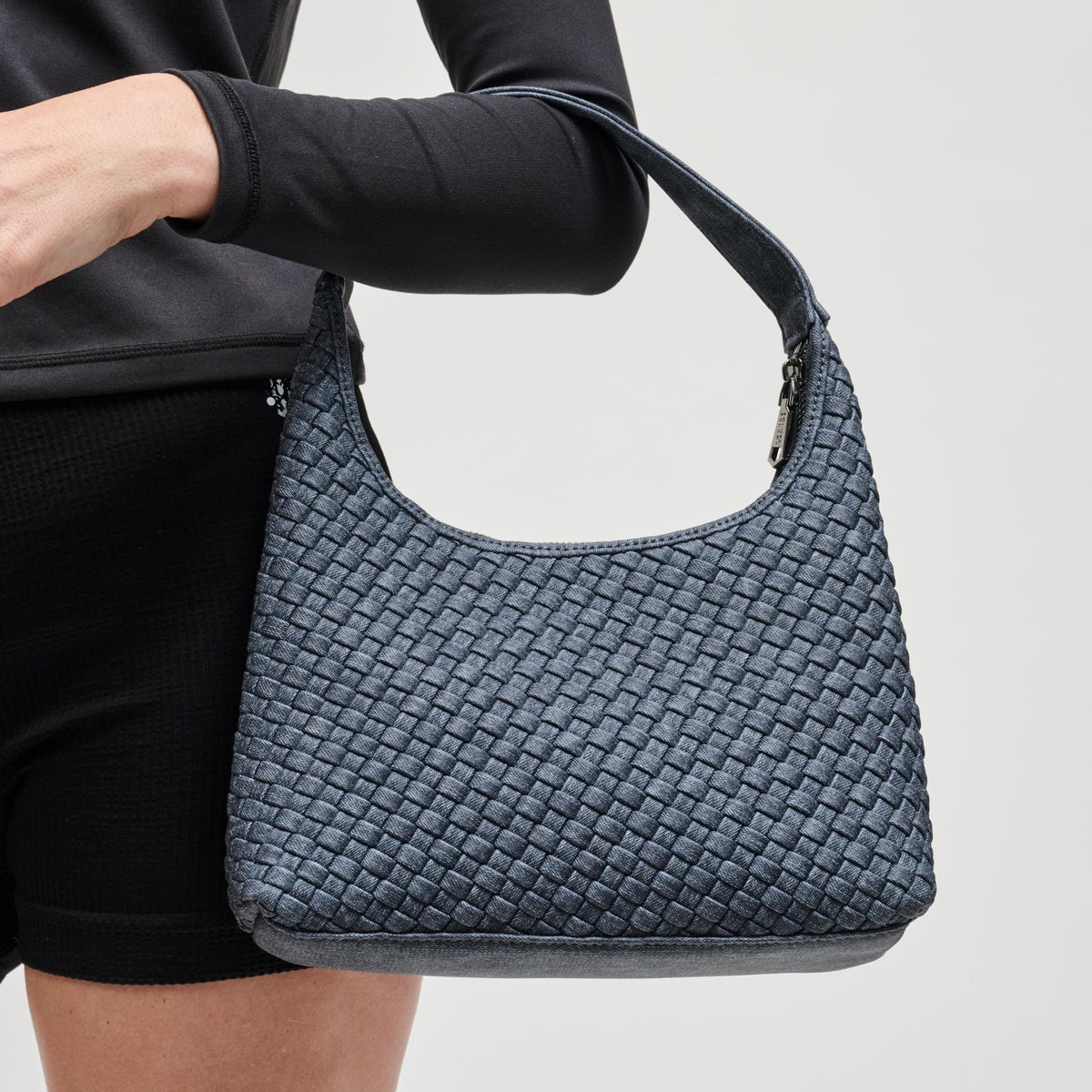 Woman wearing Dark Denim Sol and Selene Harmonia - Woven Vegan Leather Shoulder Bag 841764112550 View 2 | Dark Denim