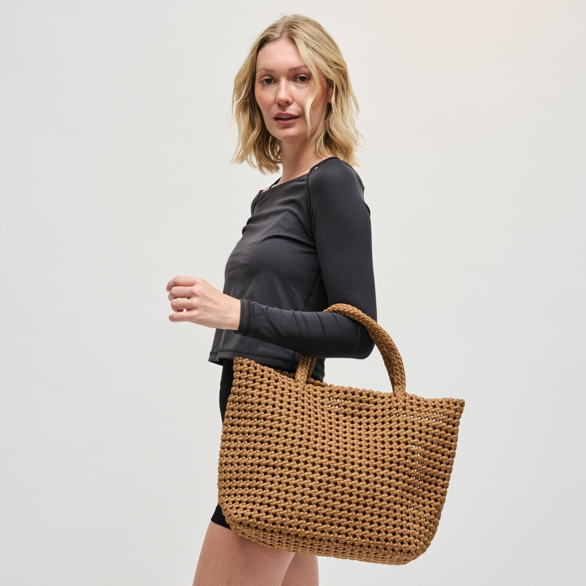 Woman wearing Sand Sol and Selene Ambrosia Medium Tote 841764112765 View 3 | Sand