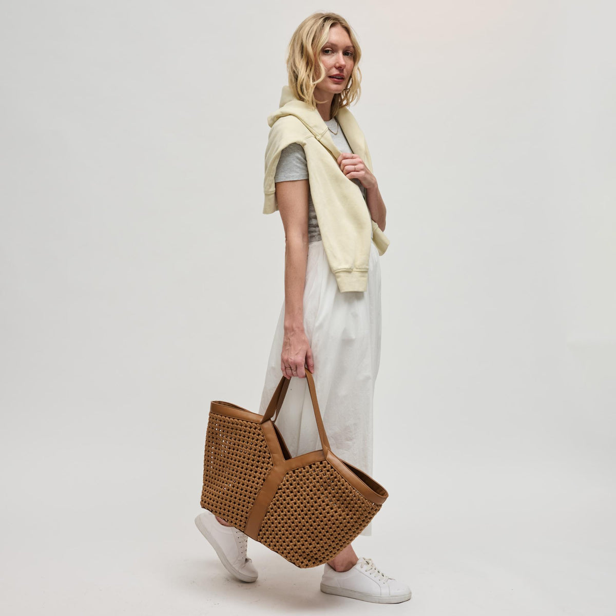 Woman wearing Sand Sol and Selene Calypso Tote 841764112925 View 4 | Sand