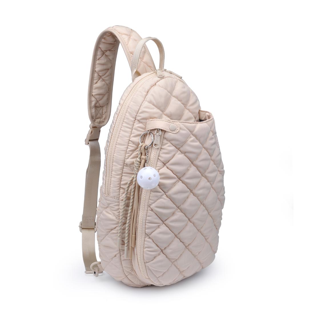 Woman wearing Cream Sol and Selene Match Point - Quilted Puffer Pickleball & Paddle Tennis Sling Backpack 841764111980 View 6 | Cream