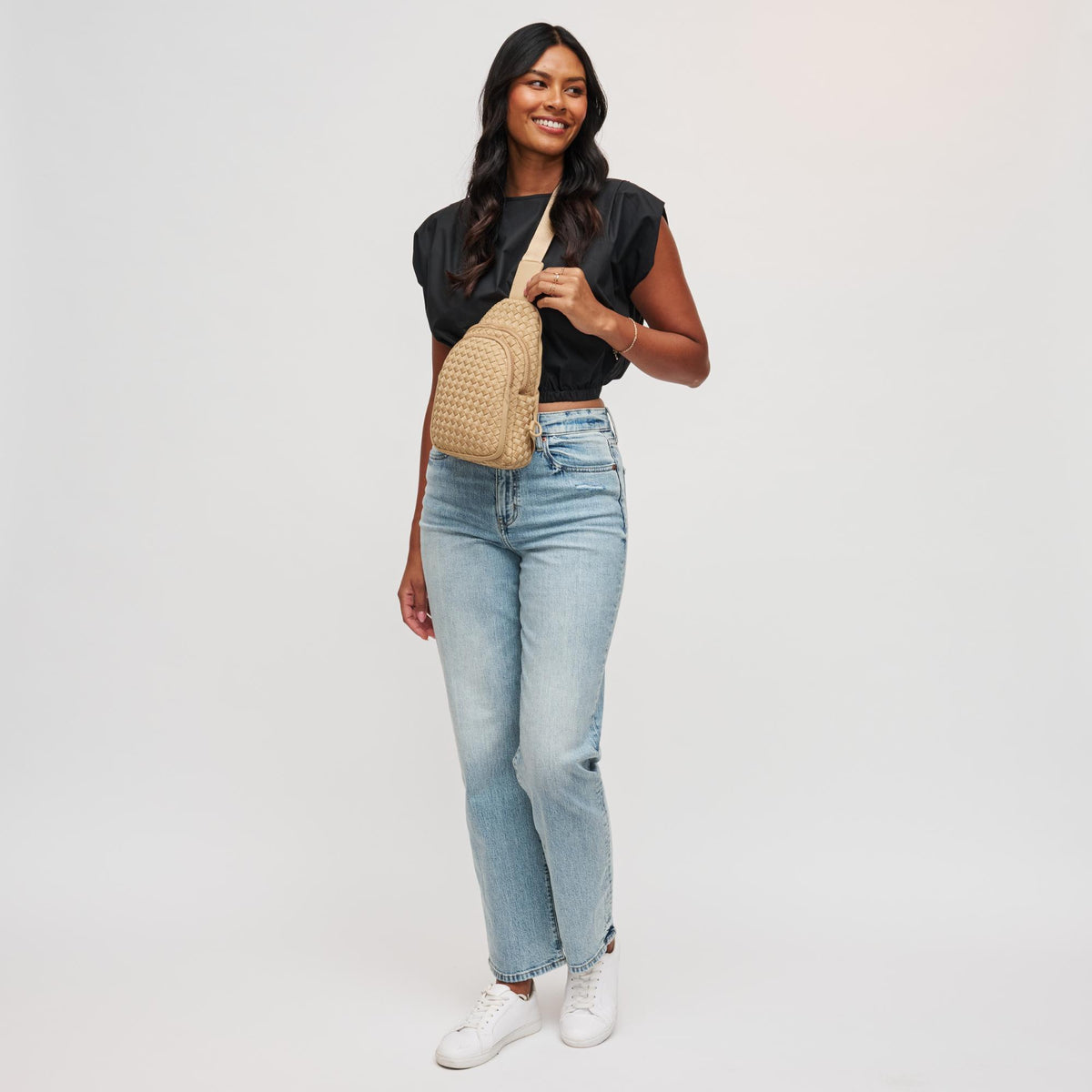 Woman wearing Nude Sol and Selene Beyond The Horizon - Woven Neoprene Sling Backpack 841764108041 View 3 | Nude