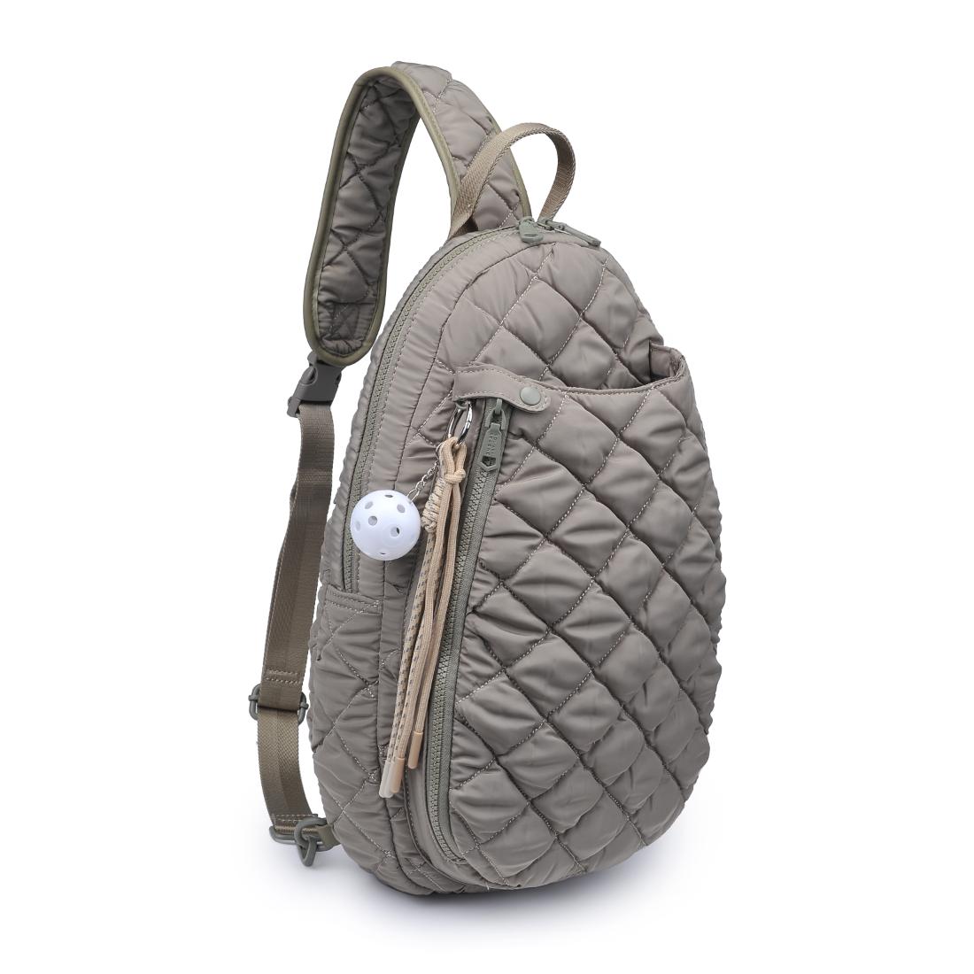Woman wearing Desert Sage Sol and Selene Match Point - Quilted Puffer Pickleball & Paddle Tennis Sling Backpack 841764112000 View 6 | Desert Sage
