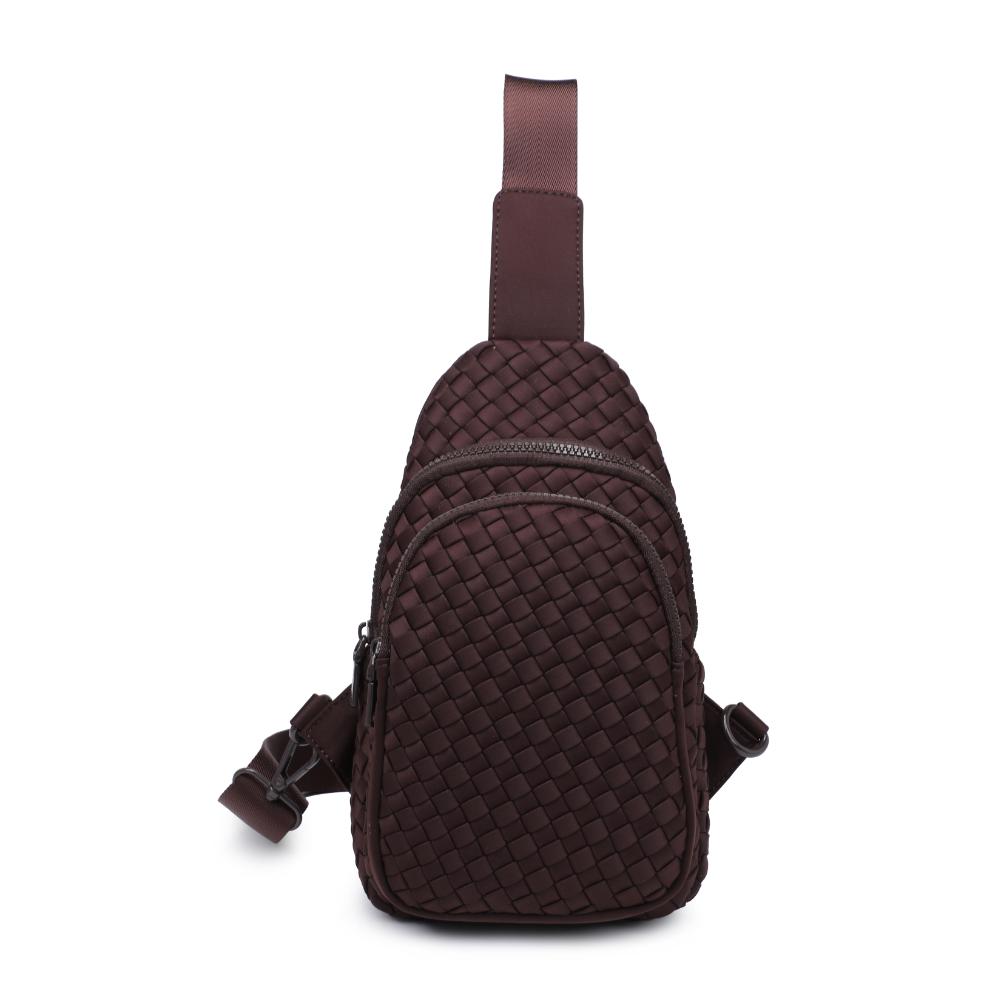 Woman wearing Chocolate Sol and Selene Beyond The Horizon - Woven Neoprene Sling Backpack 841764110440 View 5 | Chocolate