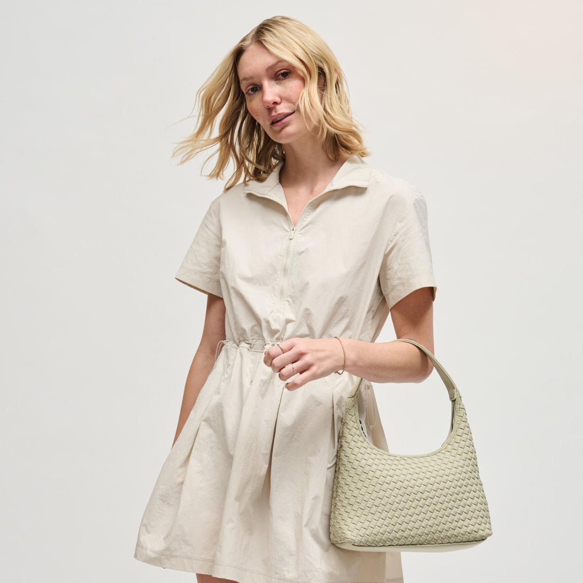 Woman wearing Sage Sol and Selene Harmonia - Woven Neoprene Shoulder Bag 841764112567 View 3 | Sage