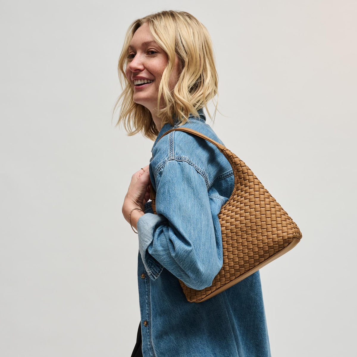 Woman wearing Sand Sol and Selene Harmonia - Woven Neoprene Shoulder Bag 841764112574 View 3 | Sand