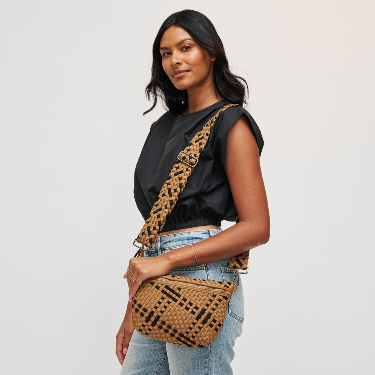 Woman wearing Sand Black Sol and Selene Ethereal - Woven Neoprene Crossbody 841764111966 View 2 | Sand Black