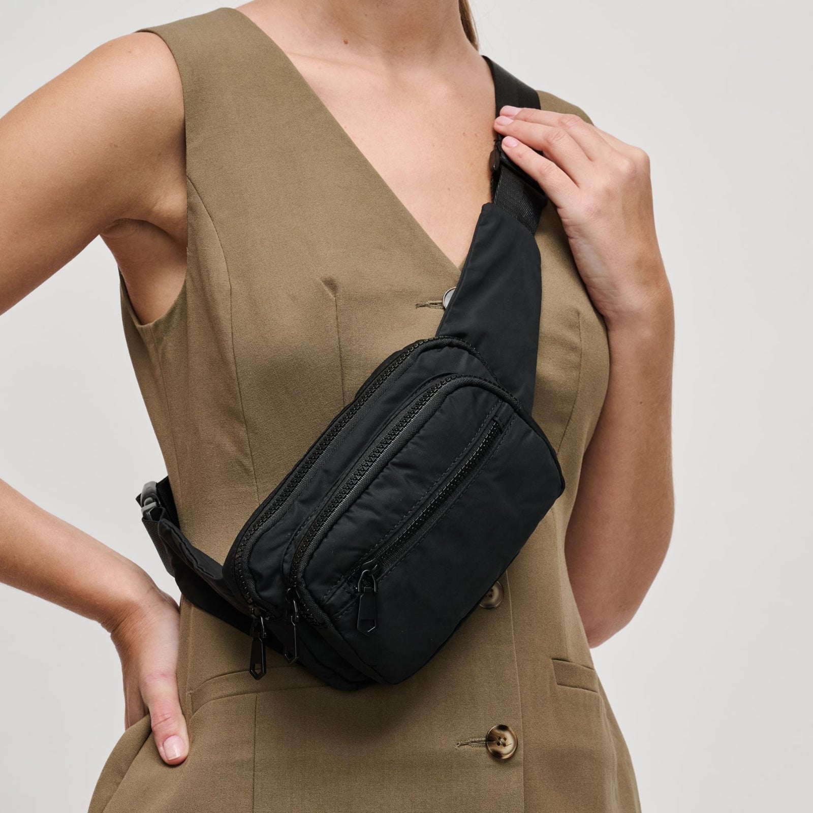 Woman wearing Black Sol and Selene Hip Hugger Belt Bag 841764102896 View 1 | Black