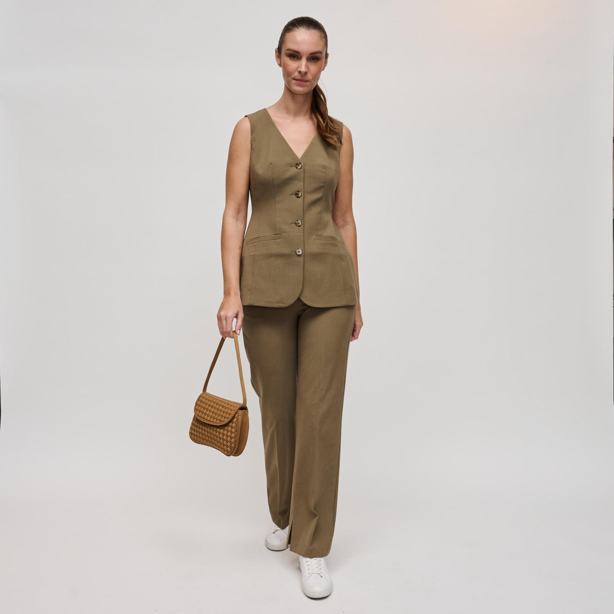 Woman wearing Sand Sol and Selene Astra Shoulder Bag 841764112468 View 2 | Sand