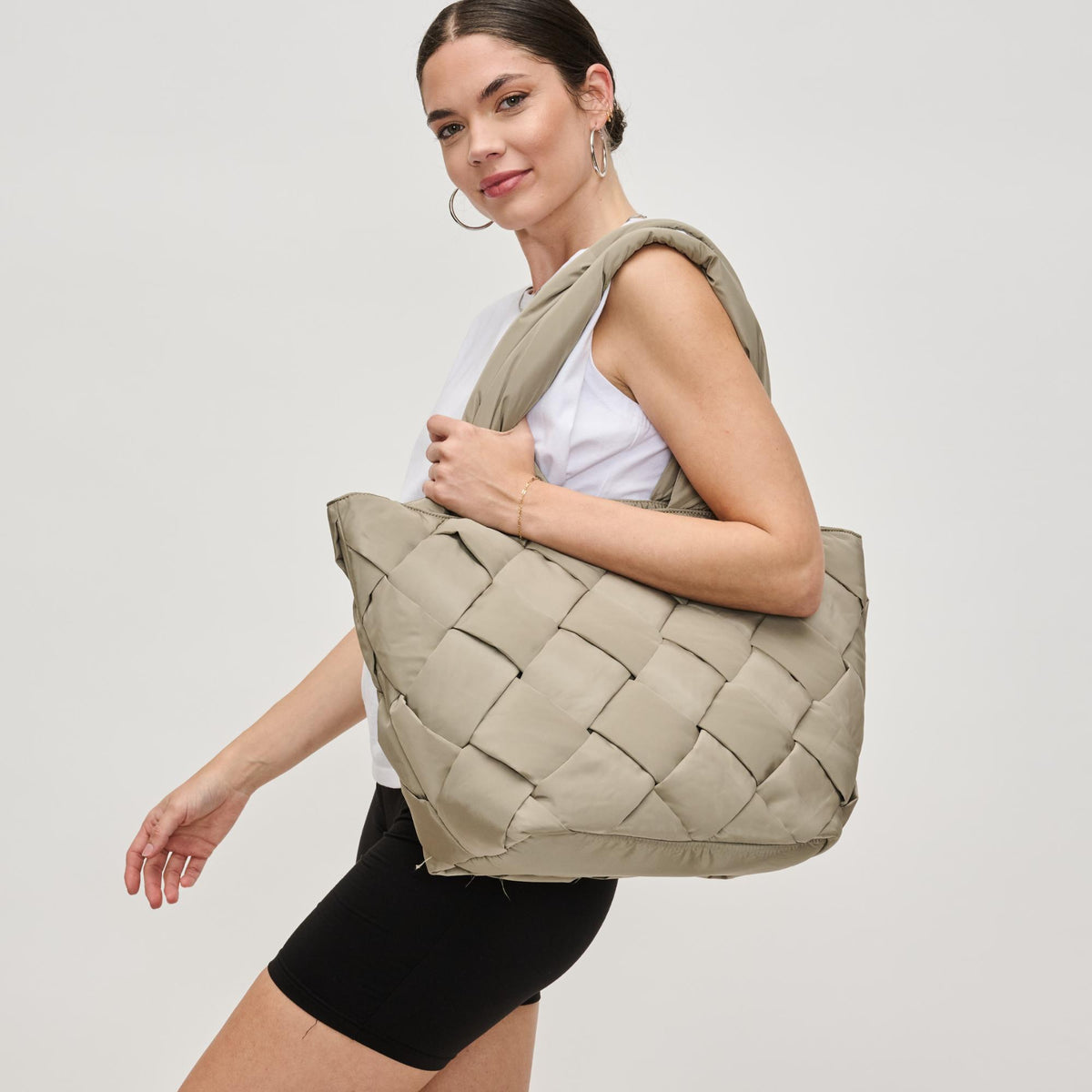 Woman wearing Desert Sage Sol and Selene Intuition East West Tote 841764111850 View 2 | Desert Sage