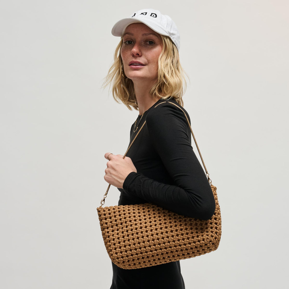 Woman wearing Sand Sol and Selene Eclipse Shoulder Bag 841764112895 View 3 | Sand
