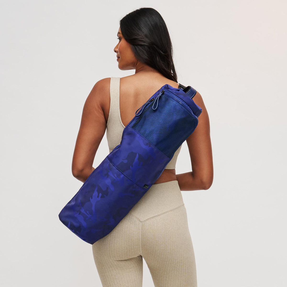 Woman wearing Blue Camo Sol and Selene Karma -- Camo Print Yoga Mat Bag 841764100809 View 1 | Blue Camo