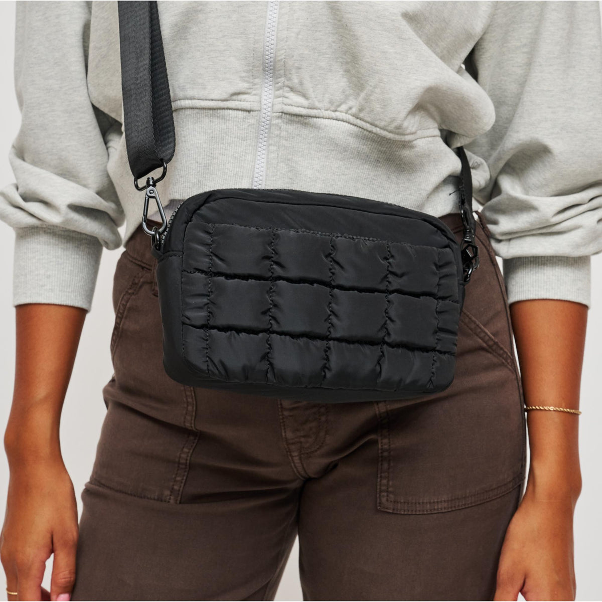 Woman wearing Black Sol and Selene Inspiration - Quilted Nylon Crossbody 841764108379 View 4 | Black