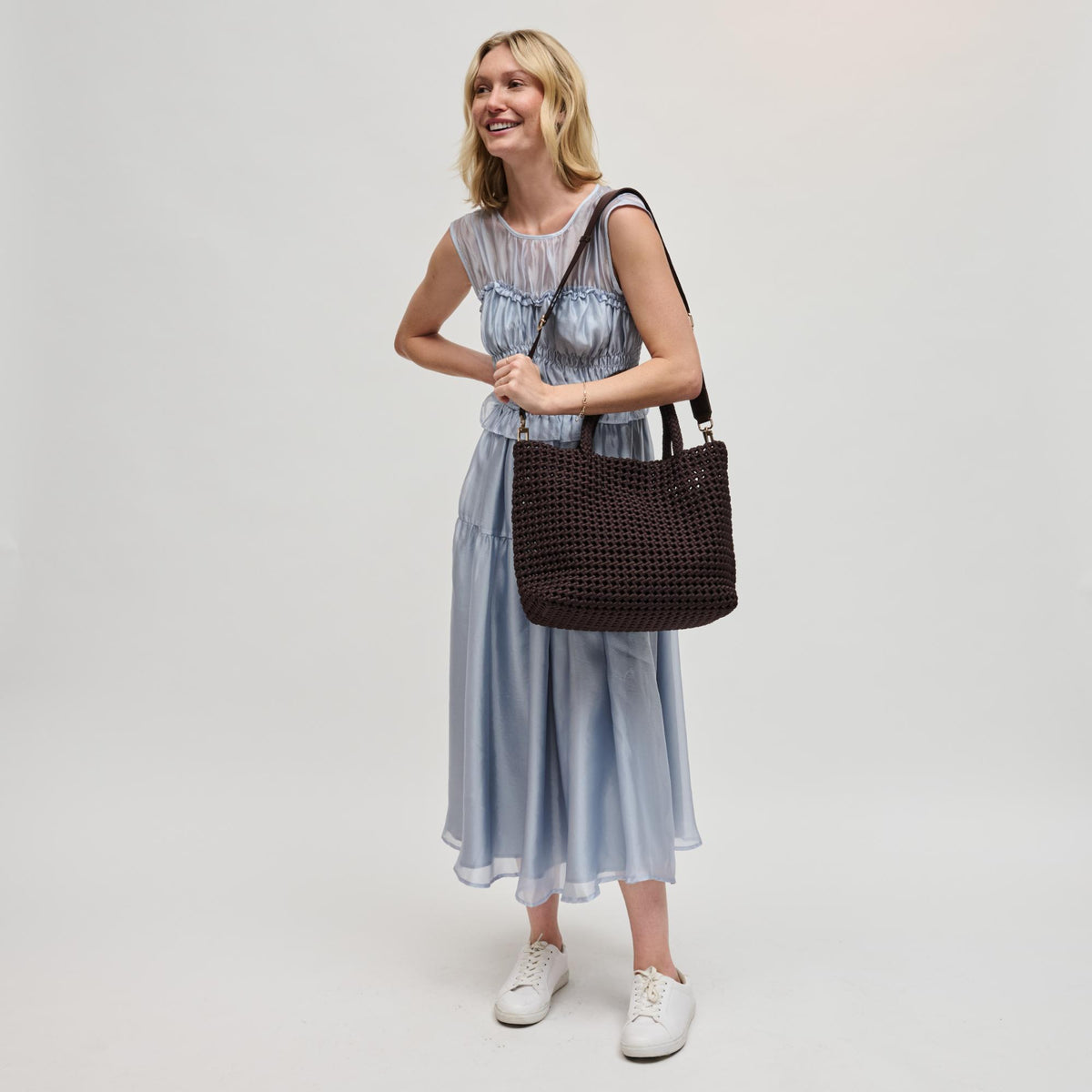 Woman wearing Chocolate Sol and Selene Ambrosia Medium Tote 841764112741 View 4 | Chocolate