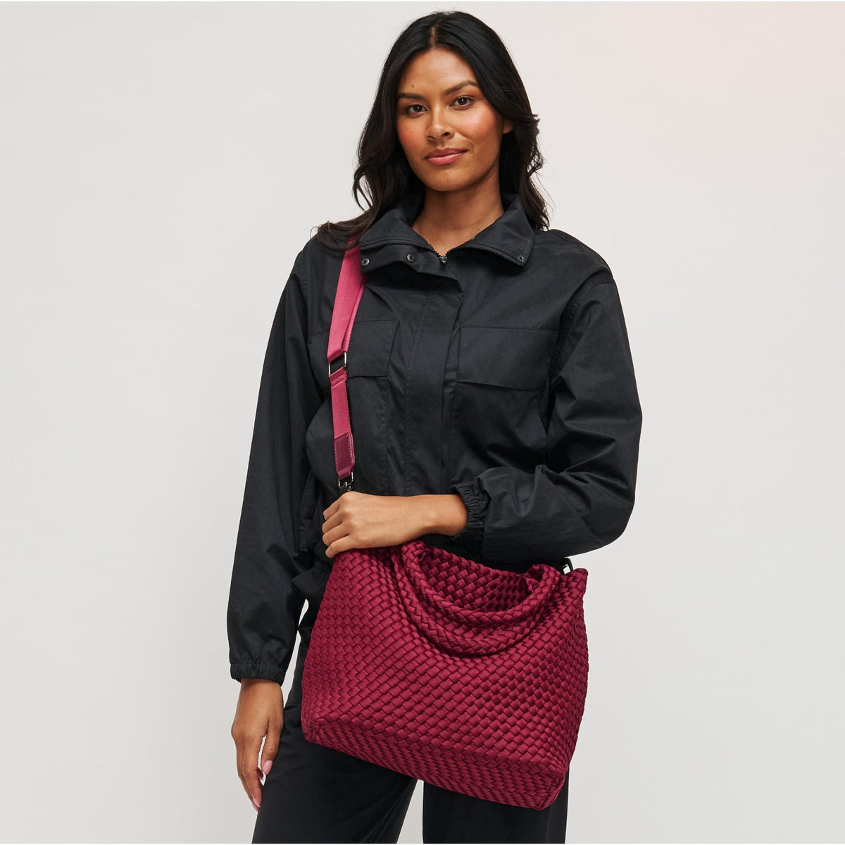 Woman wearing Wine Sol and Selene Sky's The Limit - Medium Tote 841764108850 View 3 | Wine