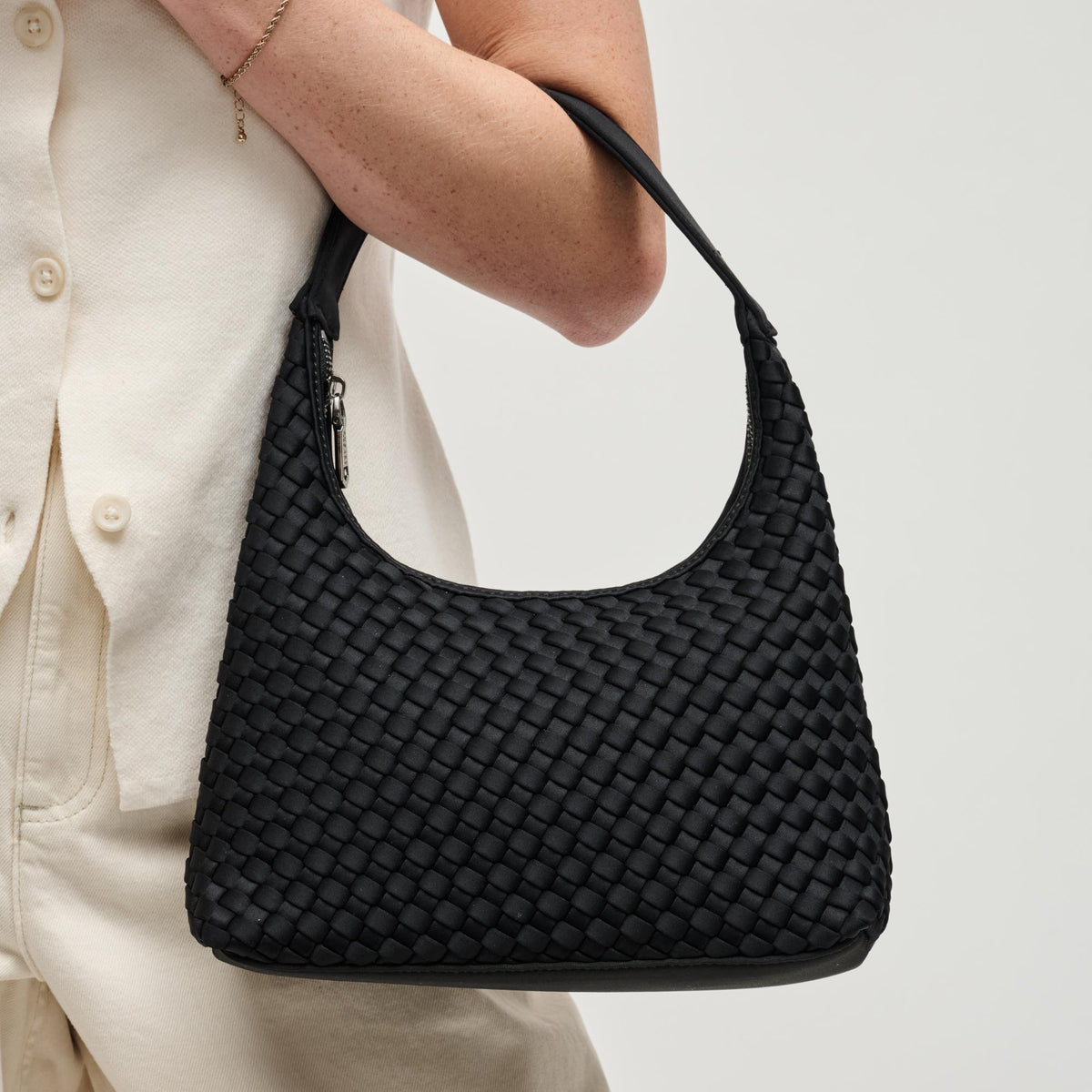 Woman wearing Black Sol and Selene Harmonia - Woven Neoprene Shoulder Bag 841764112499 View 2 | Black