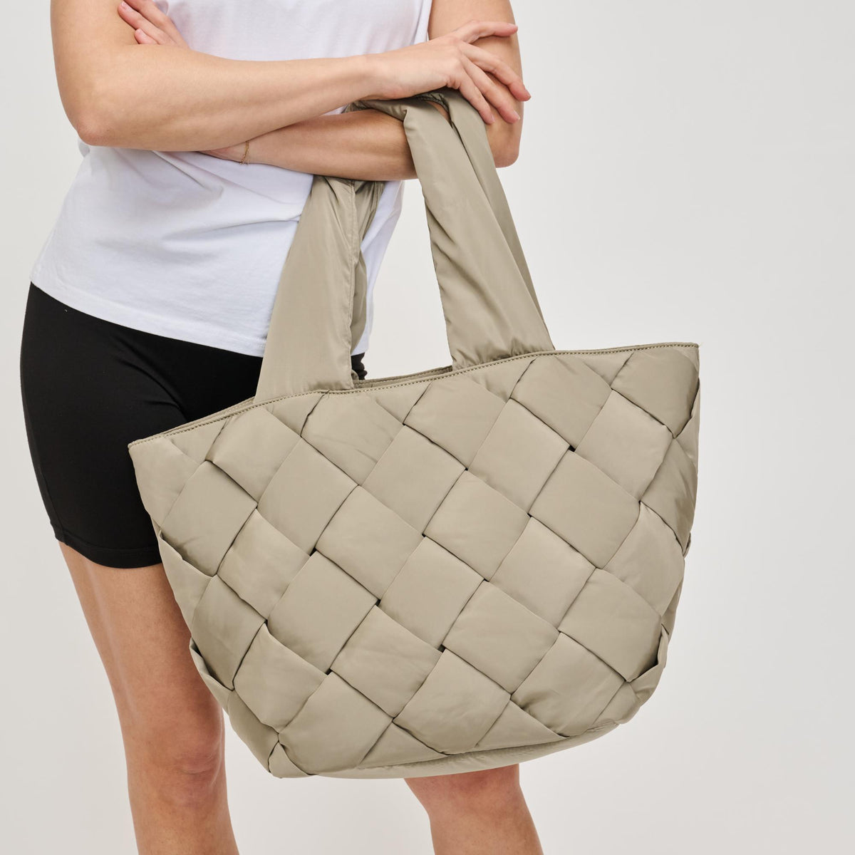 Woman wearing Desert Sage Sol and Selene Intuition East West Tote 841764111850 View 1 | Desert Sage