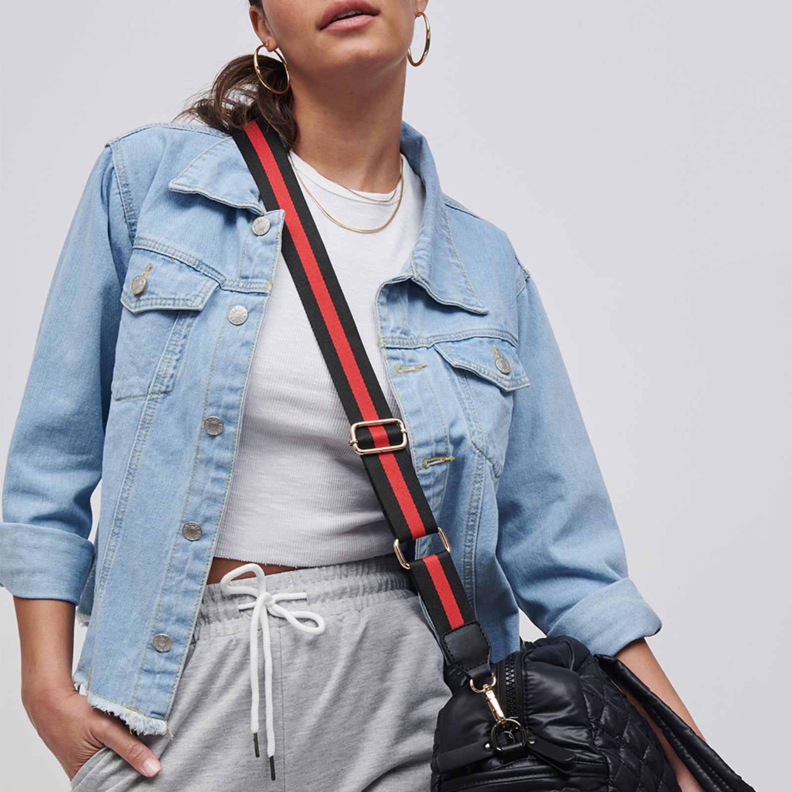 Woman wearing Black White Sol and Selene Adjustable Shoulder Crossbody Strap Shoulder Strap 841764106221 View 1 | Black White