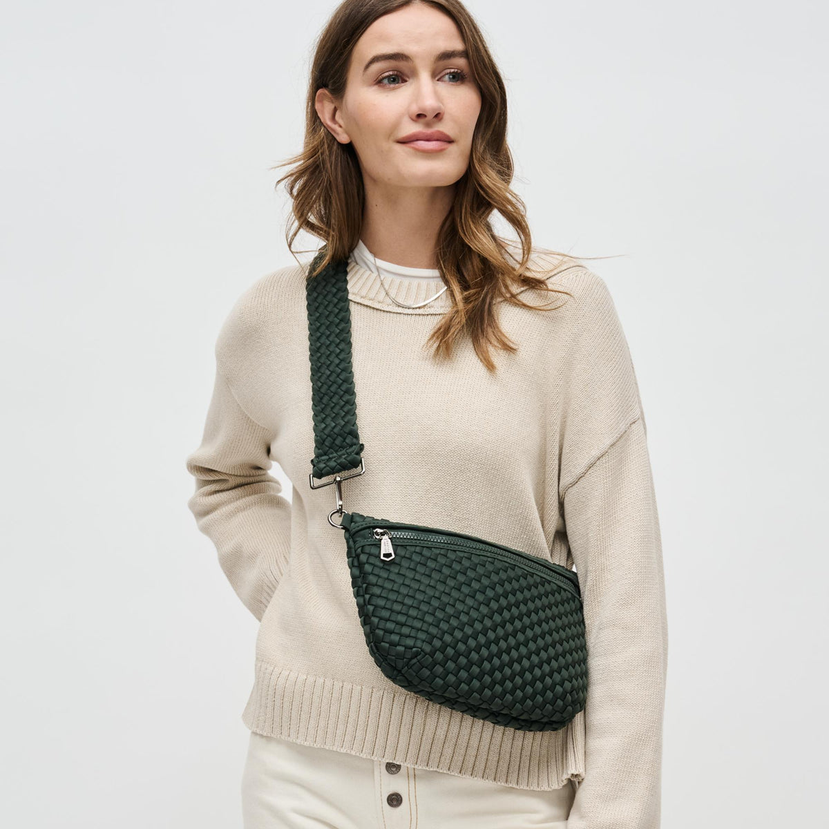Woman wearing Olive Sol and Selene Ethereal - Woven Neoprene Crossbody 841764110891 View 2 | Olive