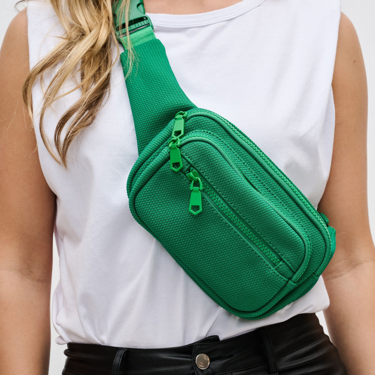 Woman wearing Green Sol and Selene Hip Hugger - Neoprene Mesh Belt Bag 841764109840 View 4 | Green