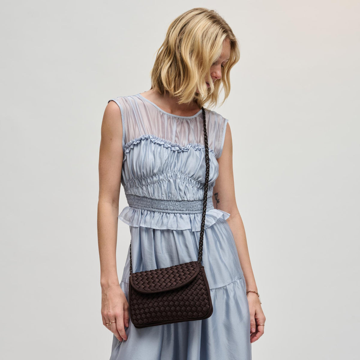 Woman wearing Chocolate Sol and Selene Astra Shoulder Bag 841764112437 View 2 | Chocolate