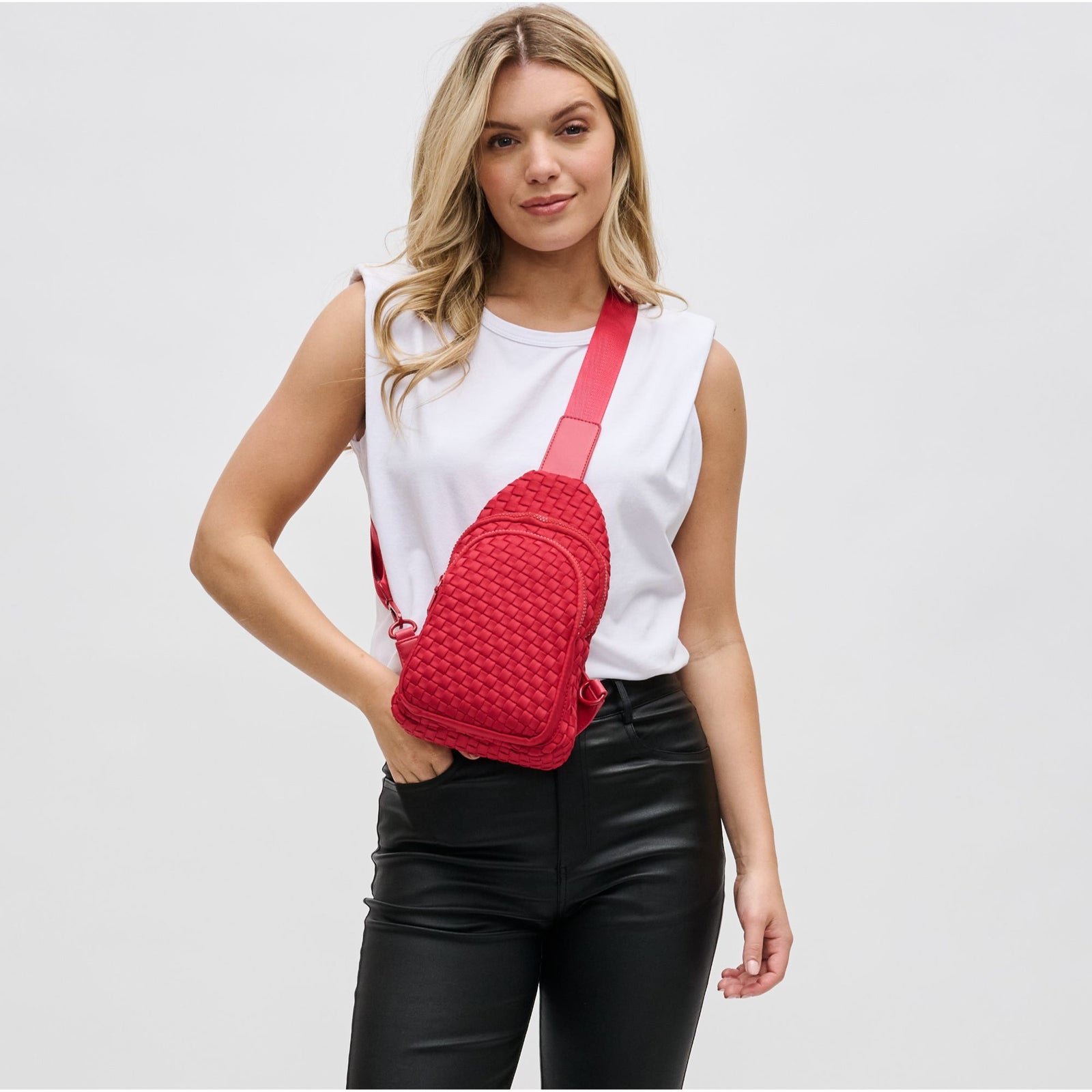 Woman wearing Black Sol and Selene Beyond The Horizon - Woven Neoprene Sling Backpack 841764108034 View 1 | Black