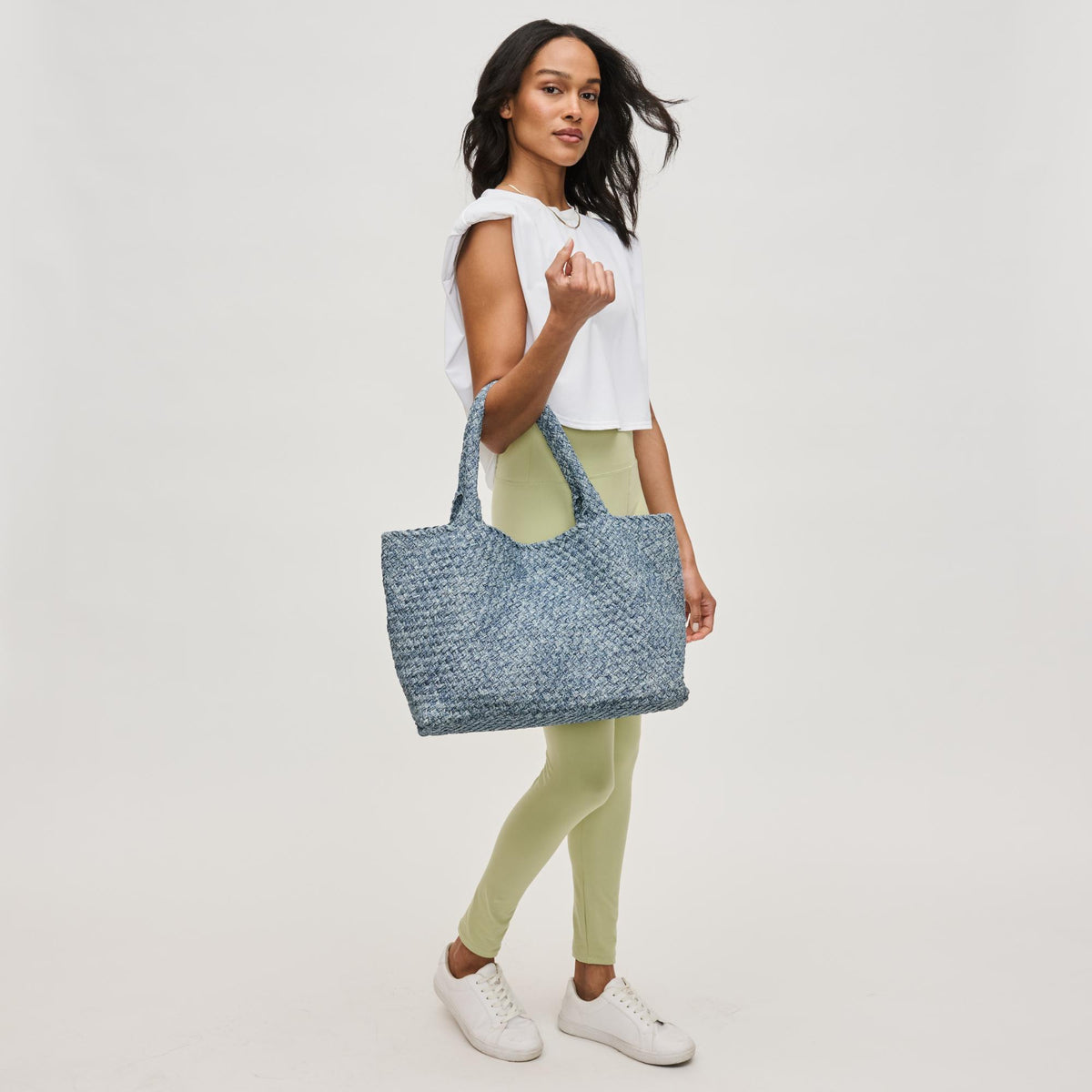 Woman wearing Denim Sol and Selene Sky's The Limit - Large Denim Tote 841764111348 View 3 | Denim