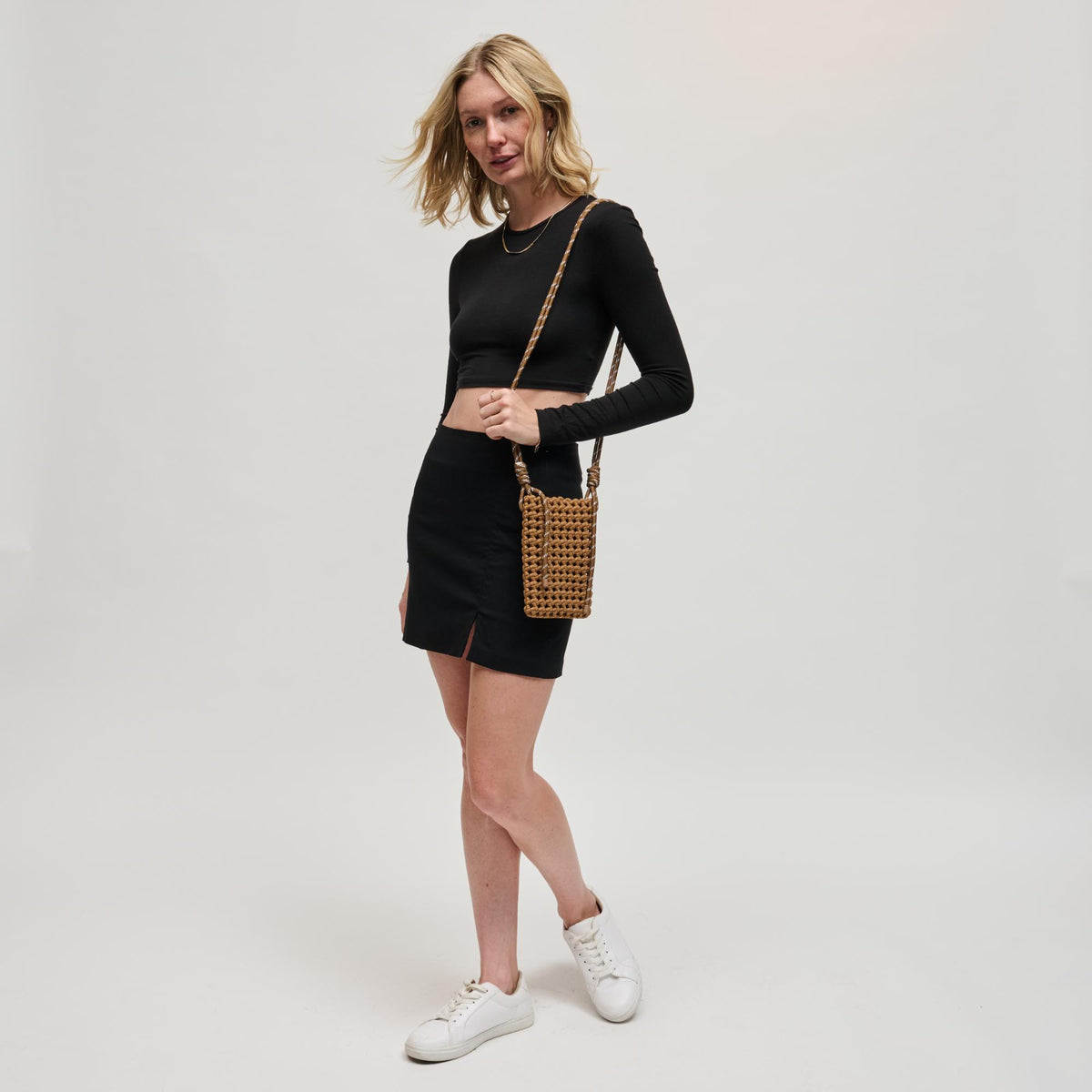 Woman wearing Sand Sol and Selene Eos Cell Phone Crossbody 841764113045 View 3 | Sand