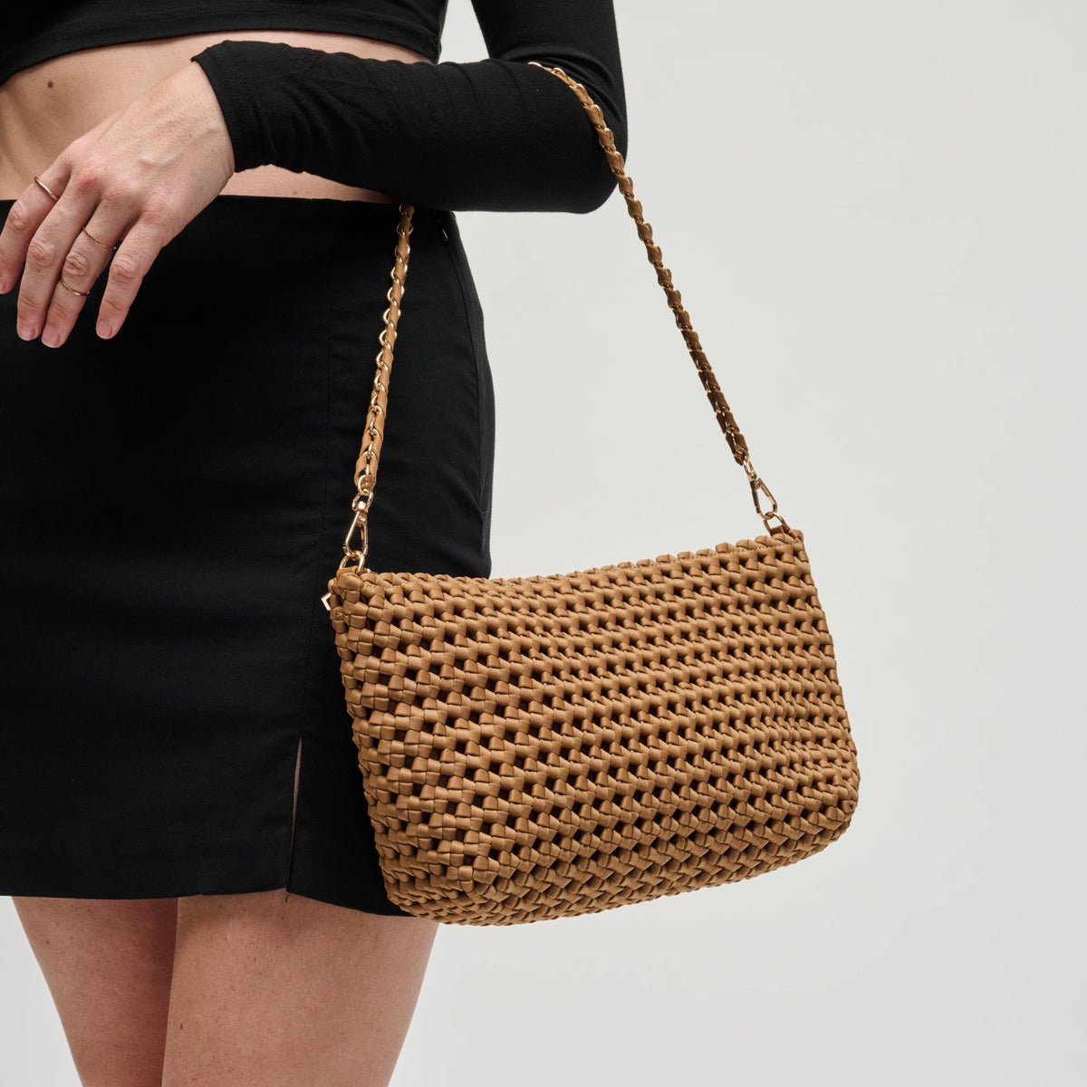 Woman wearing Sand Sol and Selene Eclipse Shoulder Bag 841764112895 View 2 | Sand