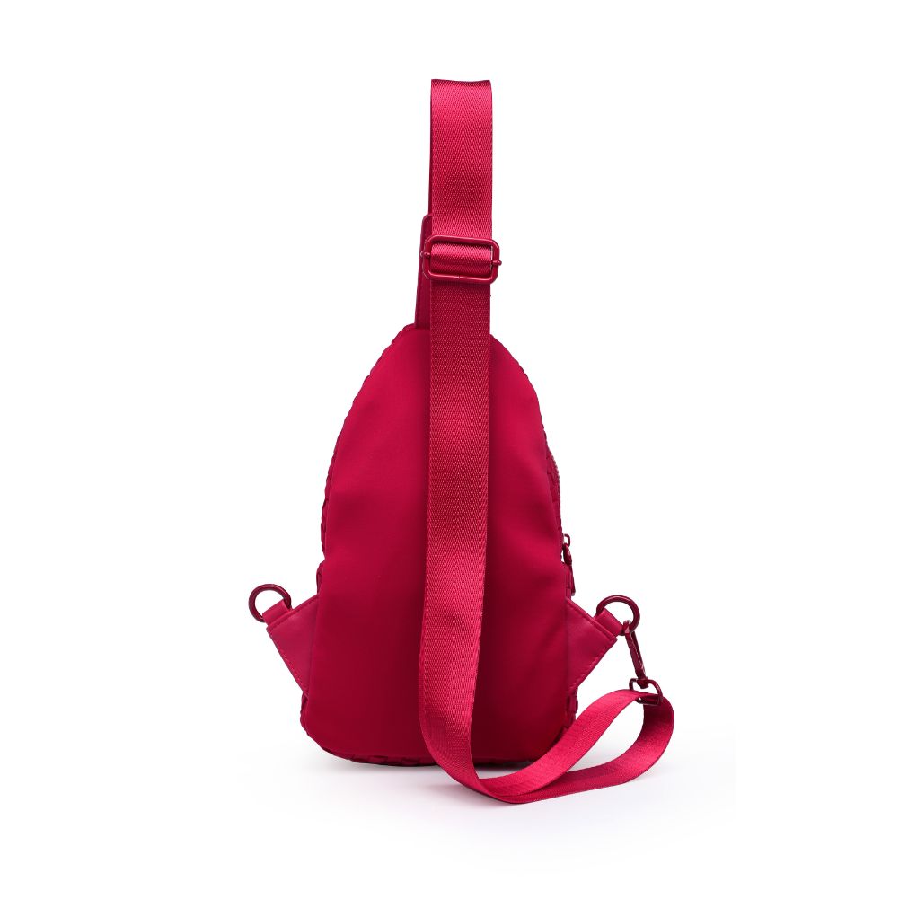 Woman wearing Red Sol and Selene Beyond The Horizon - Woven Neoprene Sling Backpack 841764108072 View 7 | Red