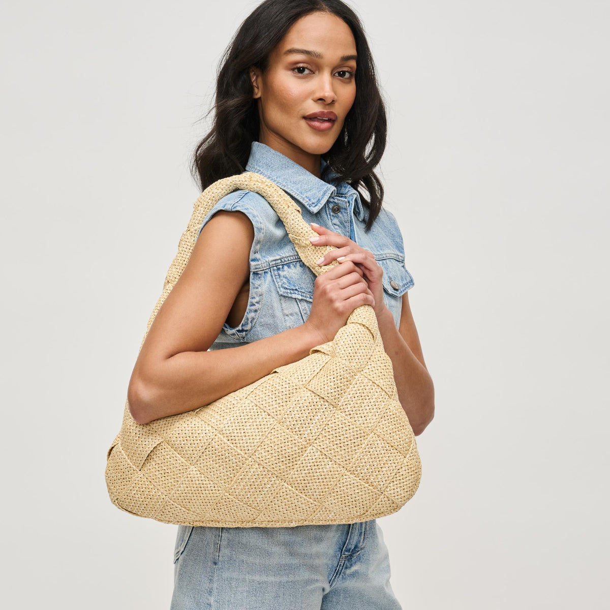 Woman wearing Cream Sol and Selene Dare to Dream - Large Woven Straw Hobo 841764111652 View 2 | Cream