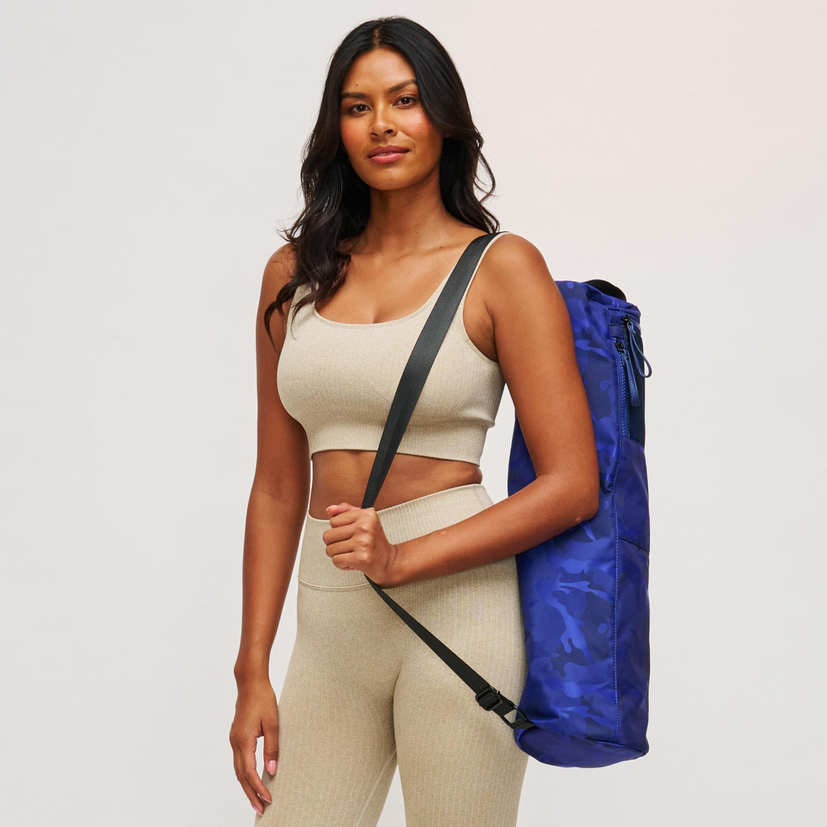 Woman wearing Blue Camo Sol and Selene Karma -- Camo Print Yoga Mat Bag 841764100809 View 2 | Blue Camo