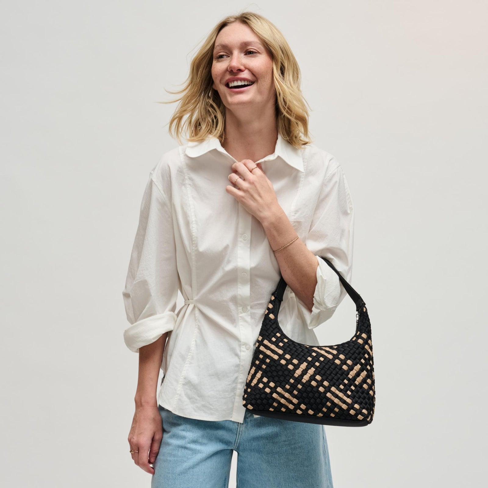 Woman wearing Black Sol and Selene Harmonia - Woven Neoprene Shoulder Bag 841764112499 View 1 | Black