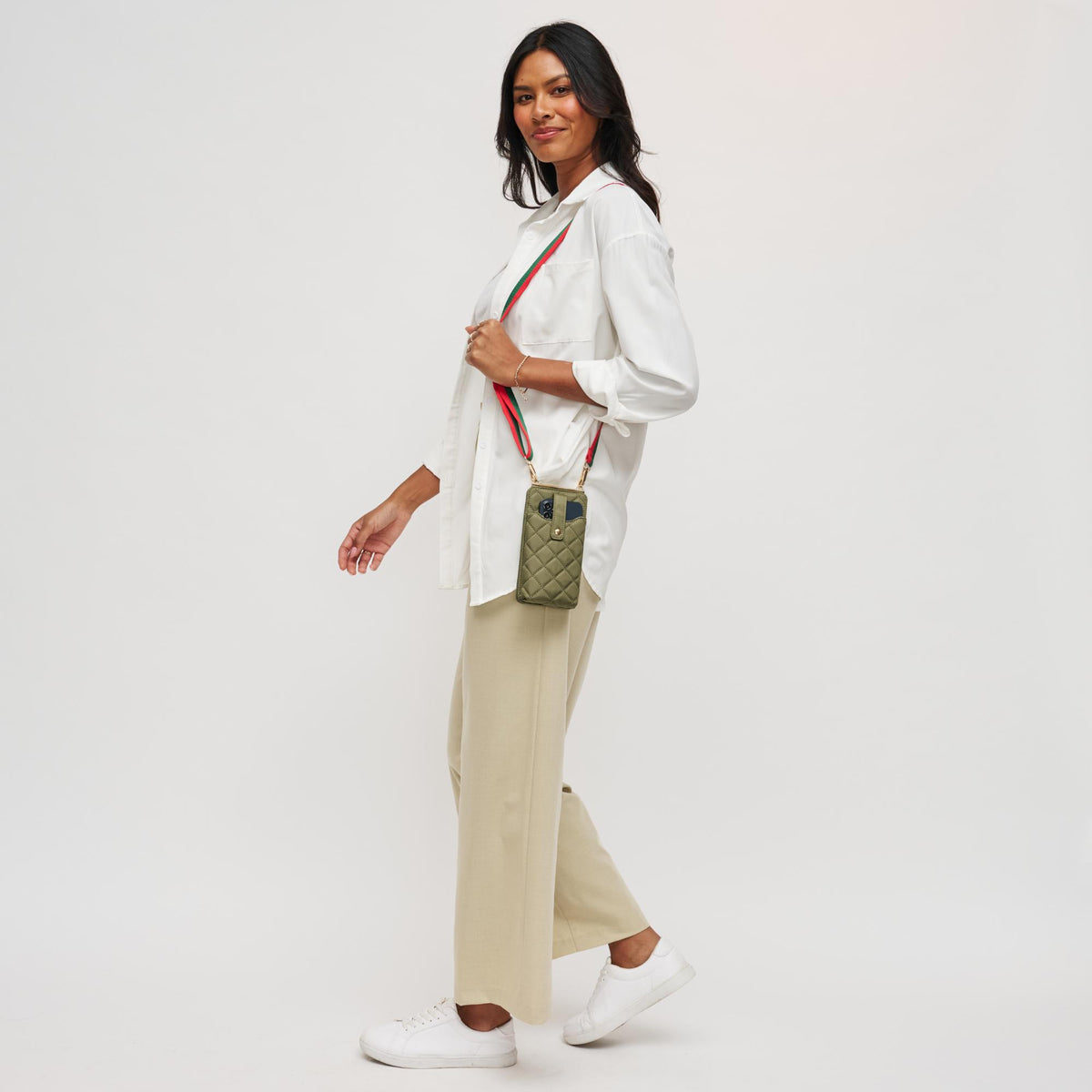 Woman wearing Sage Sol and Selene Duality - Quilted Cell Phone Crossbody 841764107792 View 4 | Sage