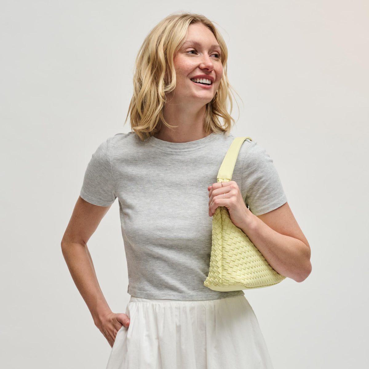 Woman wearing Butter Sol and Selene Harmonia - Woven Neoprene Shoulder Bag 841764112529 View 3 | Butter