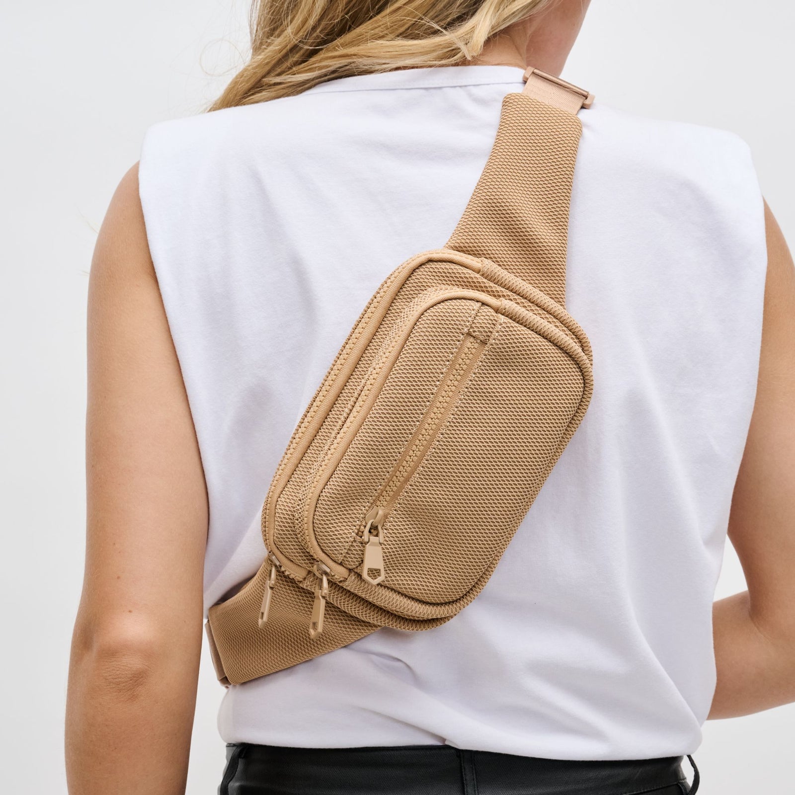 Woman wearing Black Sol and Selene Hip Hugger - Neoprene Mesh Belt Bag 841764109819 View 1 | Black